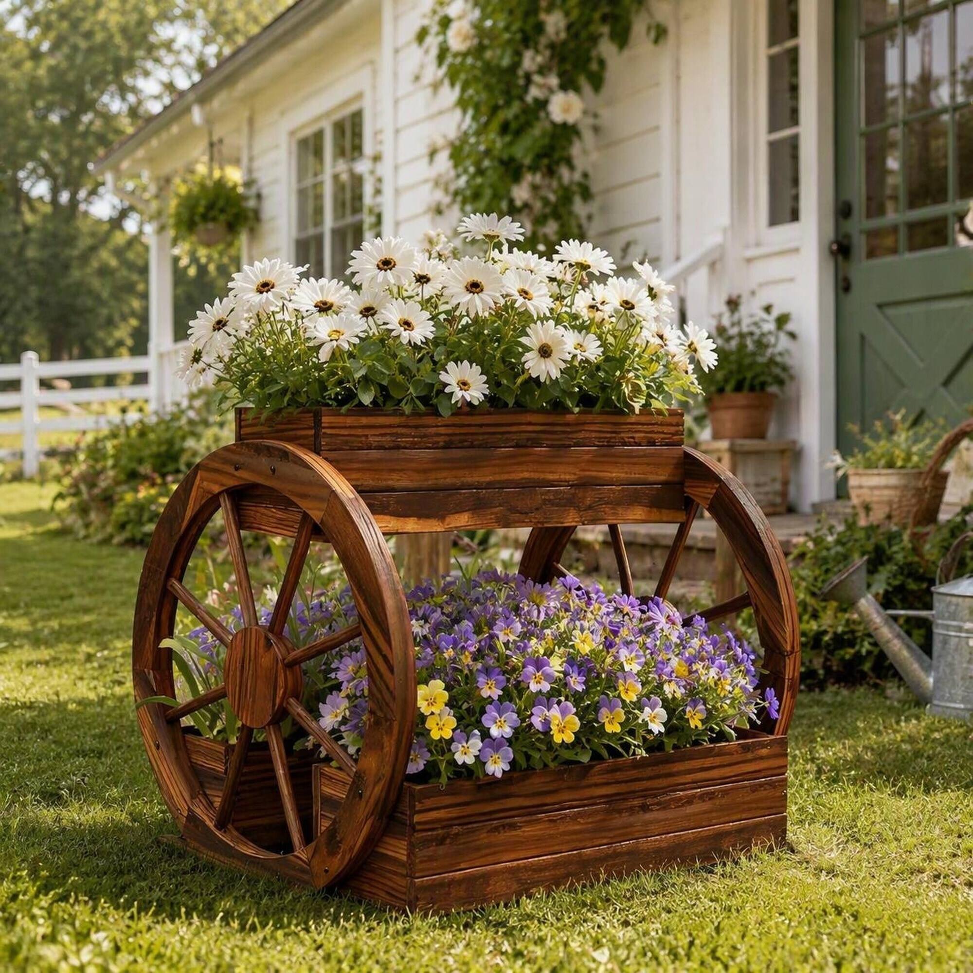 Angle. RYHNUYNE - 3-Tier Wooden Wagon Planter with Decorative Wheels for Vegetables Flowers Herbs, Carbonized Fir Raised Garden Bed - Black+Brown.