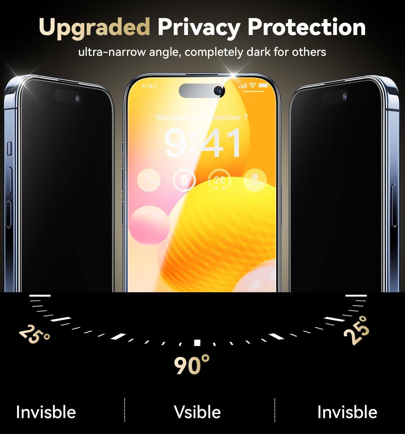 Upgraded Privacy Protection  
ultra-narrow angle, completely dark for others  

AT&T  
Wednesday, September 7  
9:41  
26°C  
25°C  

Invisible  
90°  
Visible  
Invisible