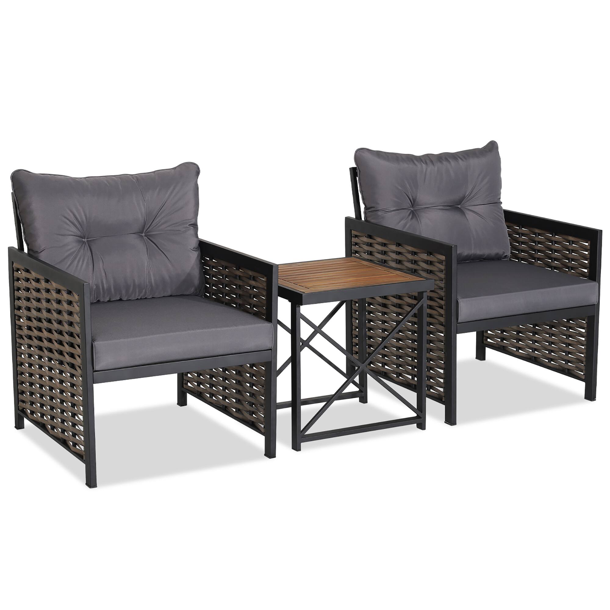 Alt View 8. Costway - Costway 3 PCS Patio Rattan Furniture Set Acacia Wood Coffee Table & 2 Chairs Backyard Gray Cushion - Brown/Black/Grey.