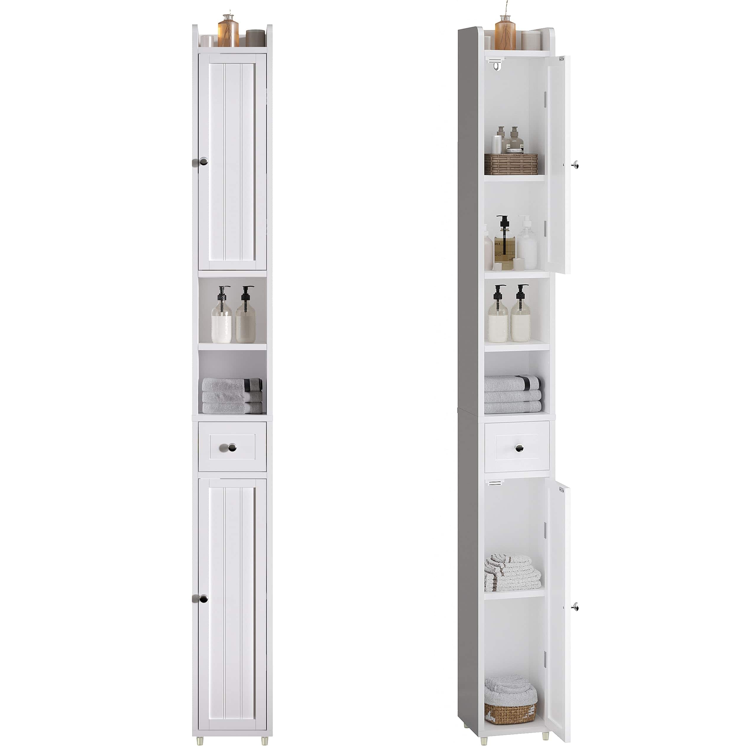 Hirose Alice - Narrow Storage Cabinet With Shelves Tall 2 Doors And 1 Drawer Cupboard For Small Spaces designed newly - White