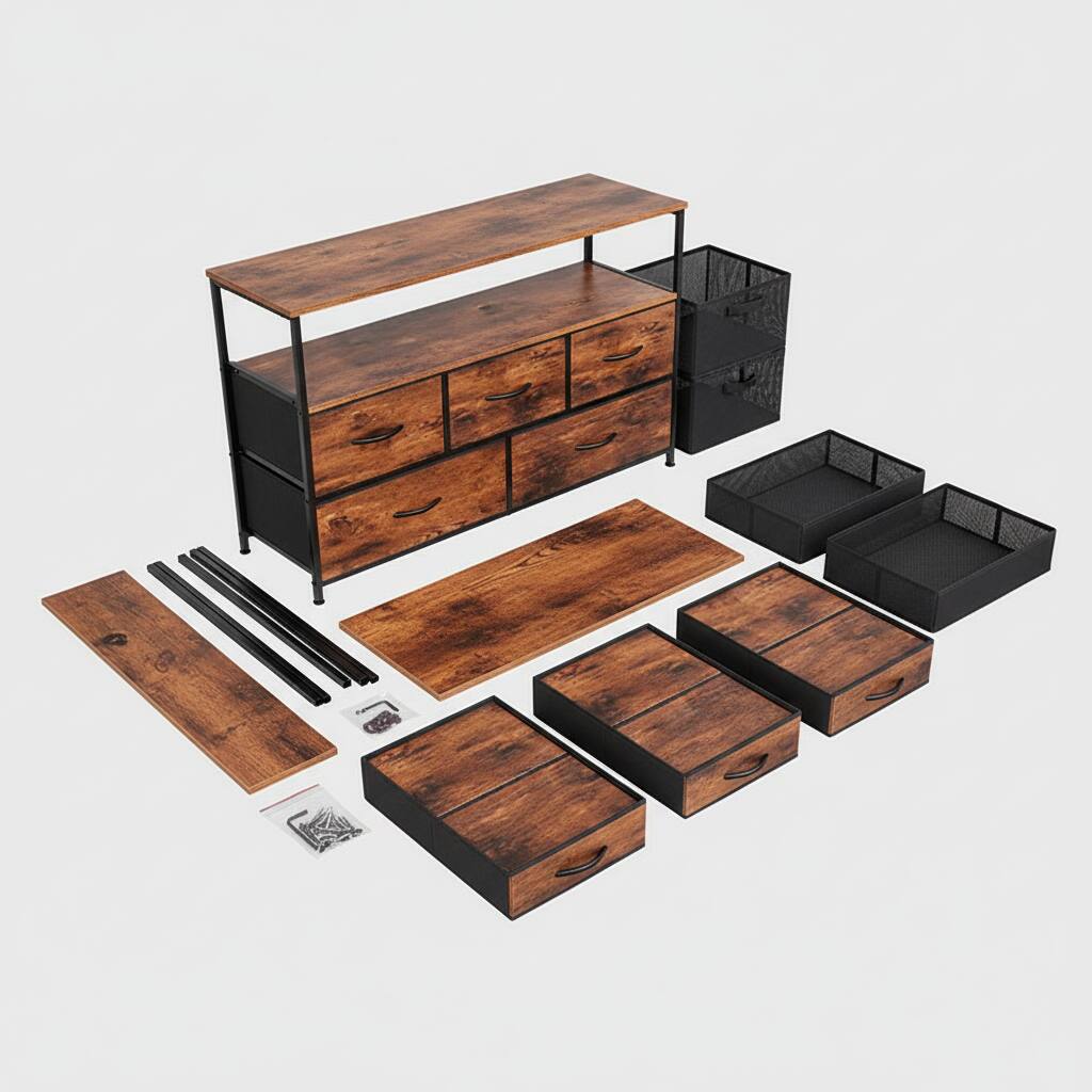 Alt View 1. AOITUN - Versatile Tv Stand with 5 Fabric Drawers Dresser for Dorm, Bedroom, and Living Room Storage - brown.