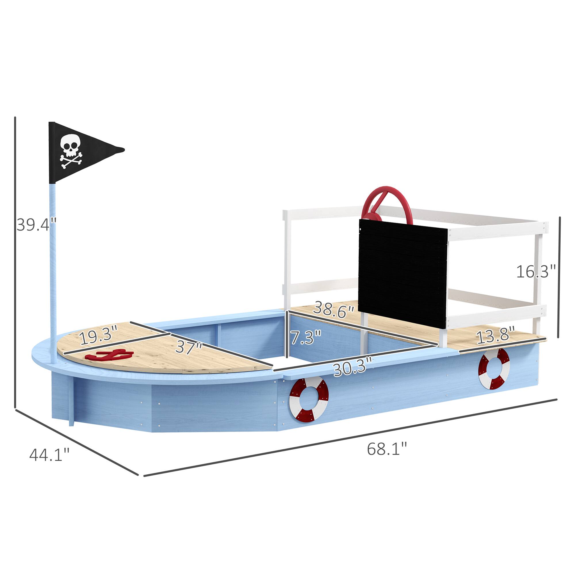 Left. Outsunny - Wooden Sandbox, Kids Pirate Ship Outdoor Sandbox with Blackboard, Flag, Rudder, Anchor Sign, Storage Deck, Sand Pit.