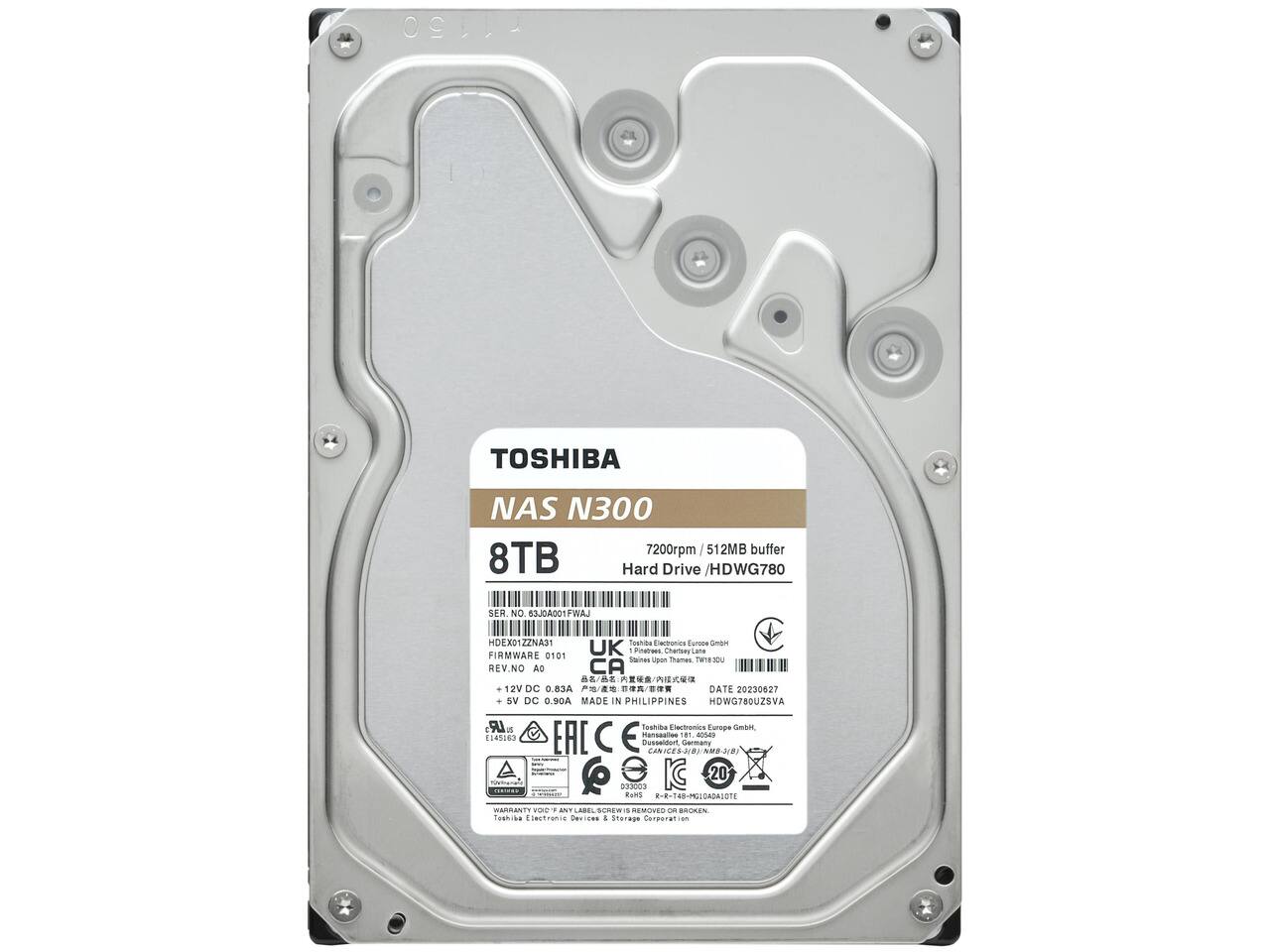 TOSHIBA  
NAS N300 7200rpm / 512MB buffer 8TB Hard Drive / HDWG780  
SER NO. 63JOA001 FWAJ  
HDEX01ZZNA31 Toshiba Electronics Europe GmbH FIRMWARE UK Pinetrees, Chertsey Lane 0101 Staltes Upon Thames. TW18-300 REV.NO AO AX/ME / 12V DC 0.83A 16/ / DATE 20230627 5V DC 0.90A MADE IN PHILIPPINES HDWG760UZSVA LR Toshiba Electronics Europe GmbH EAC Mansaalles 101 NOSAS FLASION Russaldant Germany CANTERSIBY KC 20 RANS K-K-T48-MG10ADA1OTE  
WARRANTS TOTAL ANY SPREW - REMOVER on BROZEN. Toshiba Electronic Devices & Storage Corporation