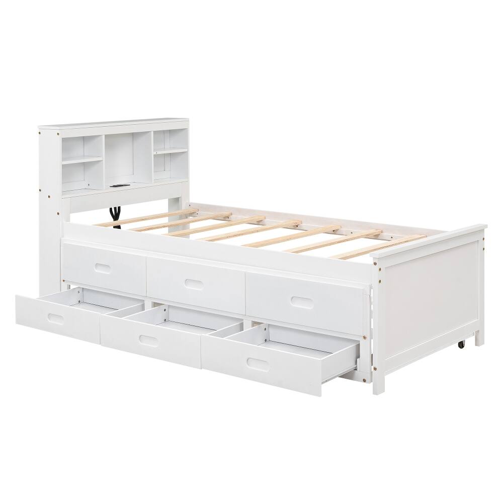 Alt View 6. Loheer - Loheer Twin Platform Bed with Storage Headboard Trundle White - White.