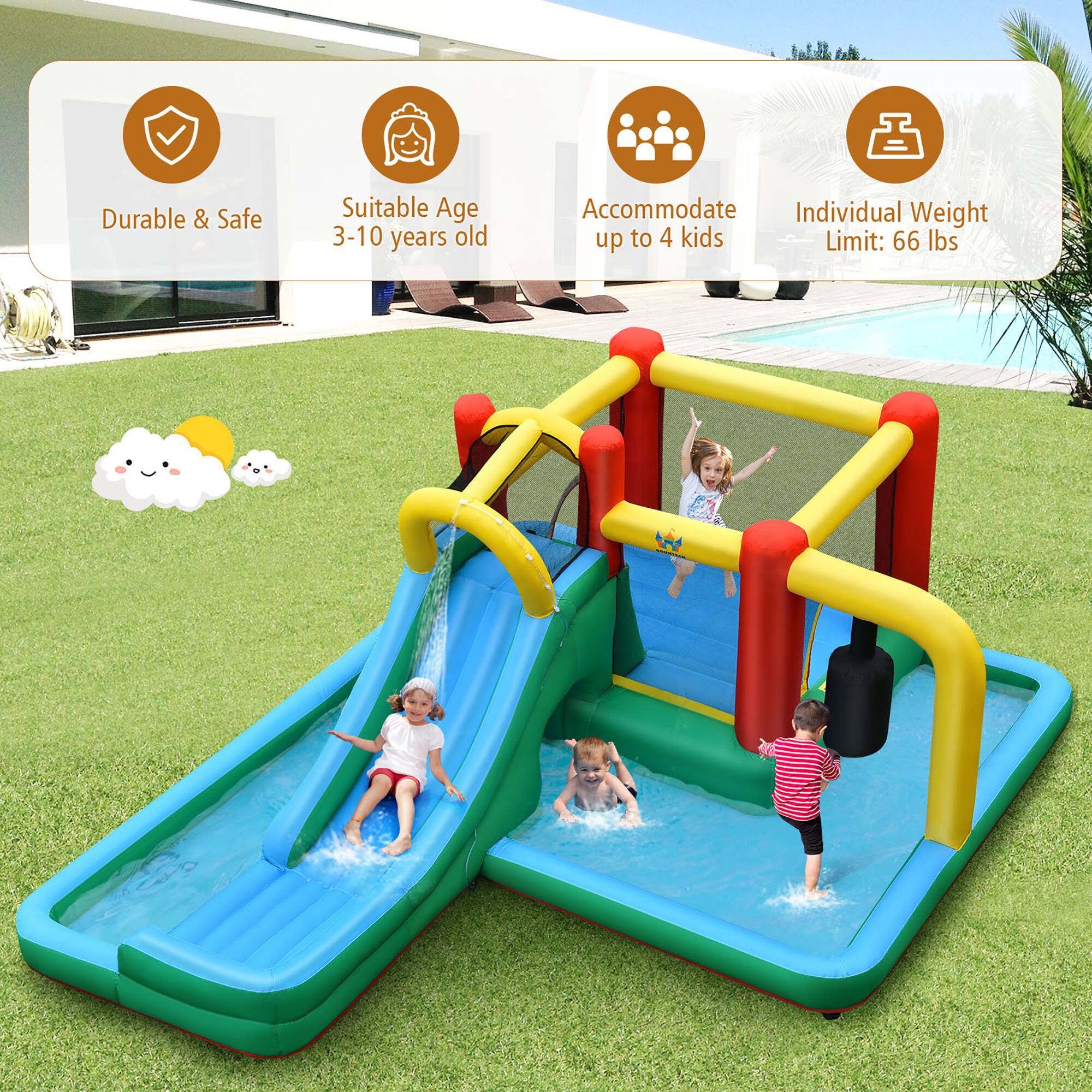Durable & Safe  
Suitable Age: 3-10 years old  
Accommodate up to 4 kids  
Individual Weight Limit: 66 lbs