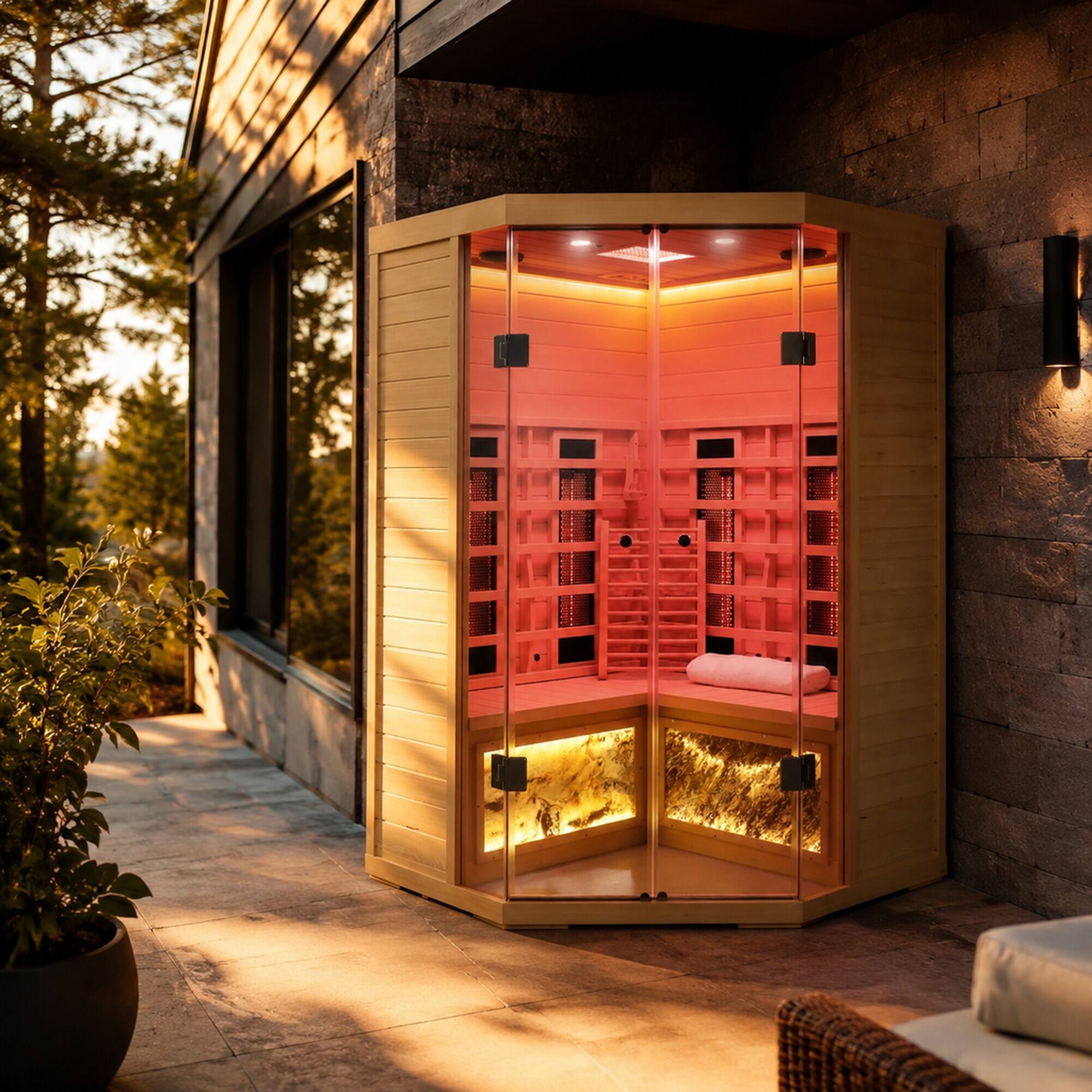 Angle. RYHNUYNE - 5-Person Hemlock Far-Infrared Sauna, S Model, Canadian Eastern Hemlock, Low EMF Carbon Crystal Heaters, Home Relaxation - Natural.