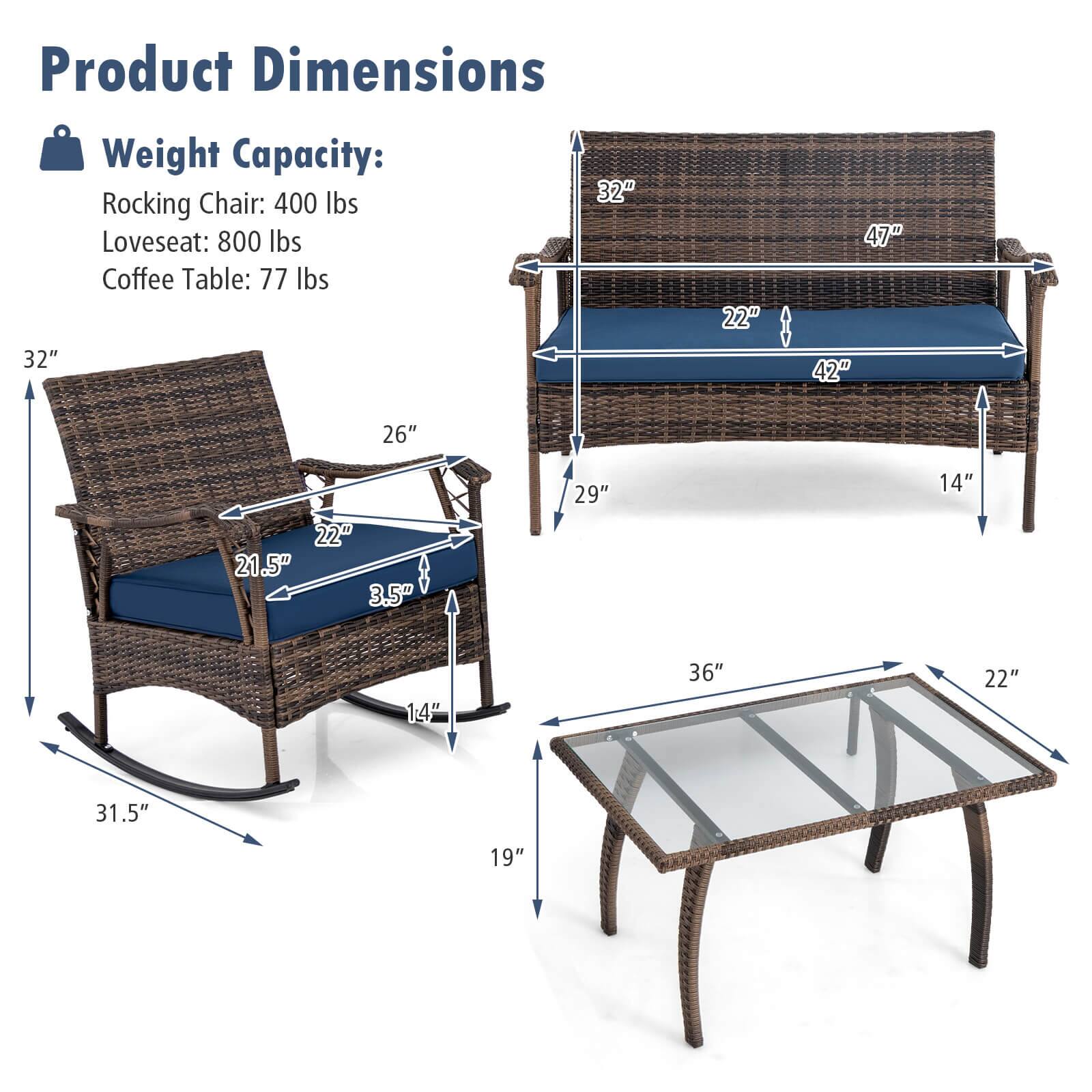 Product Dimensions

Weight Capacity:
- Rocking Chair: 400 lbs
- Loveseat: 800 lbs
- Coffee Table: 77 lbs

Dimensions:
- Rocking Chair: 32" H x 22" W x 26" D, Seat Height: 14", Seat Depth: 21.5", Armrest Height: 3.5", Overall Height: 31.5"
- Loveseat: 32" H x 47" W x 22" D, Seat Height: 14", Seat Depth: 42", Armrest Height: 29"
- Coffee Table: 36" L x 22" W x 19" H