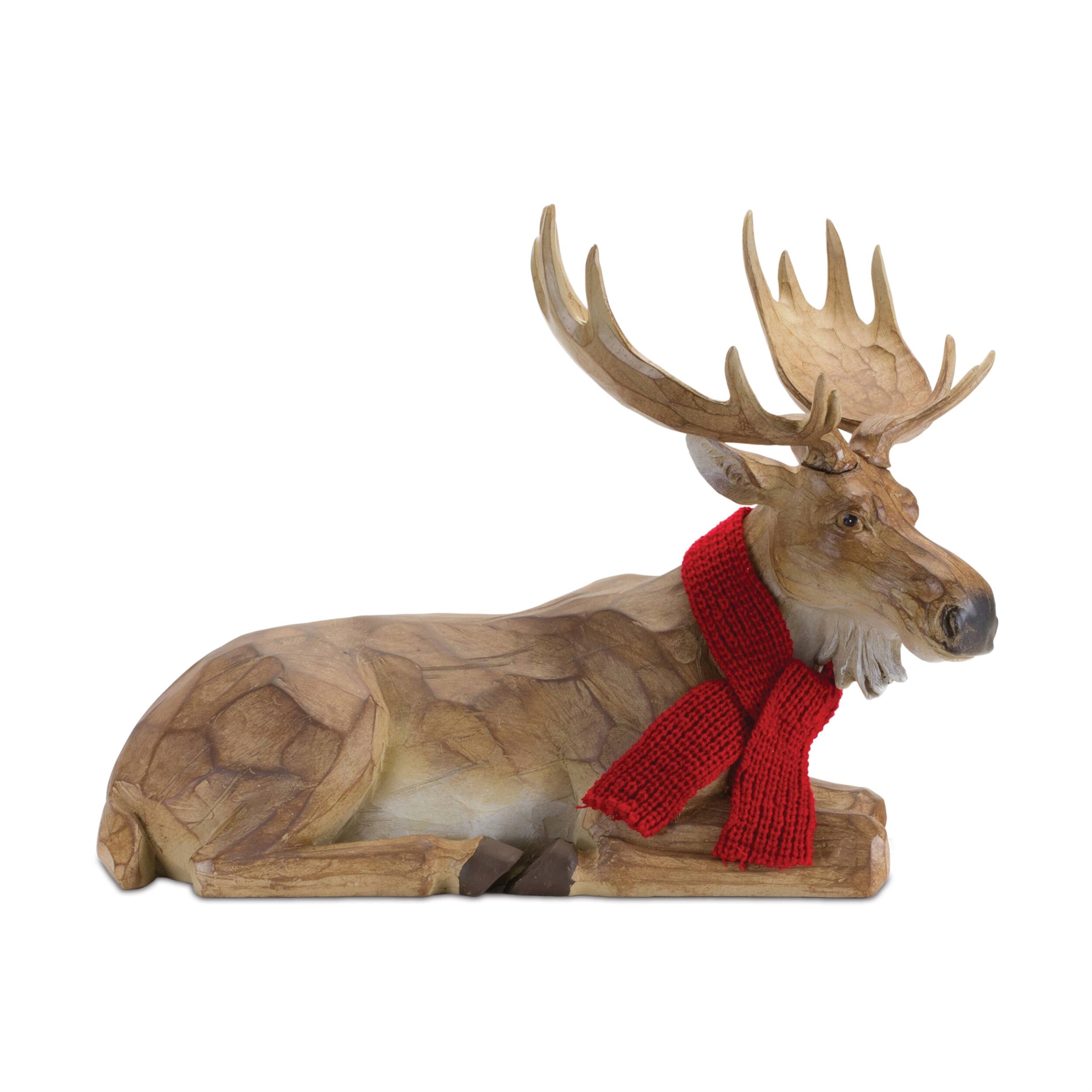 Left. BreeBe - Carved Winter Moose with Scarf (Set of 2) - Brown, Red.