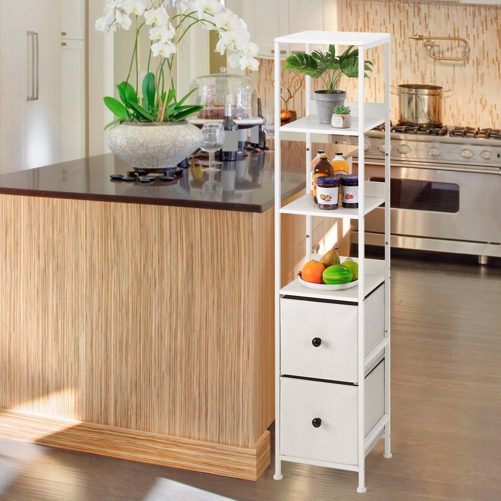 Alt View 2. Oumilen - 5-Tier Narrow Storage Shelf with 2 Fabric Drawers, White - White.