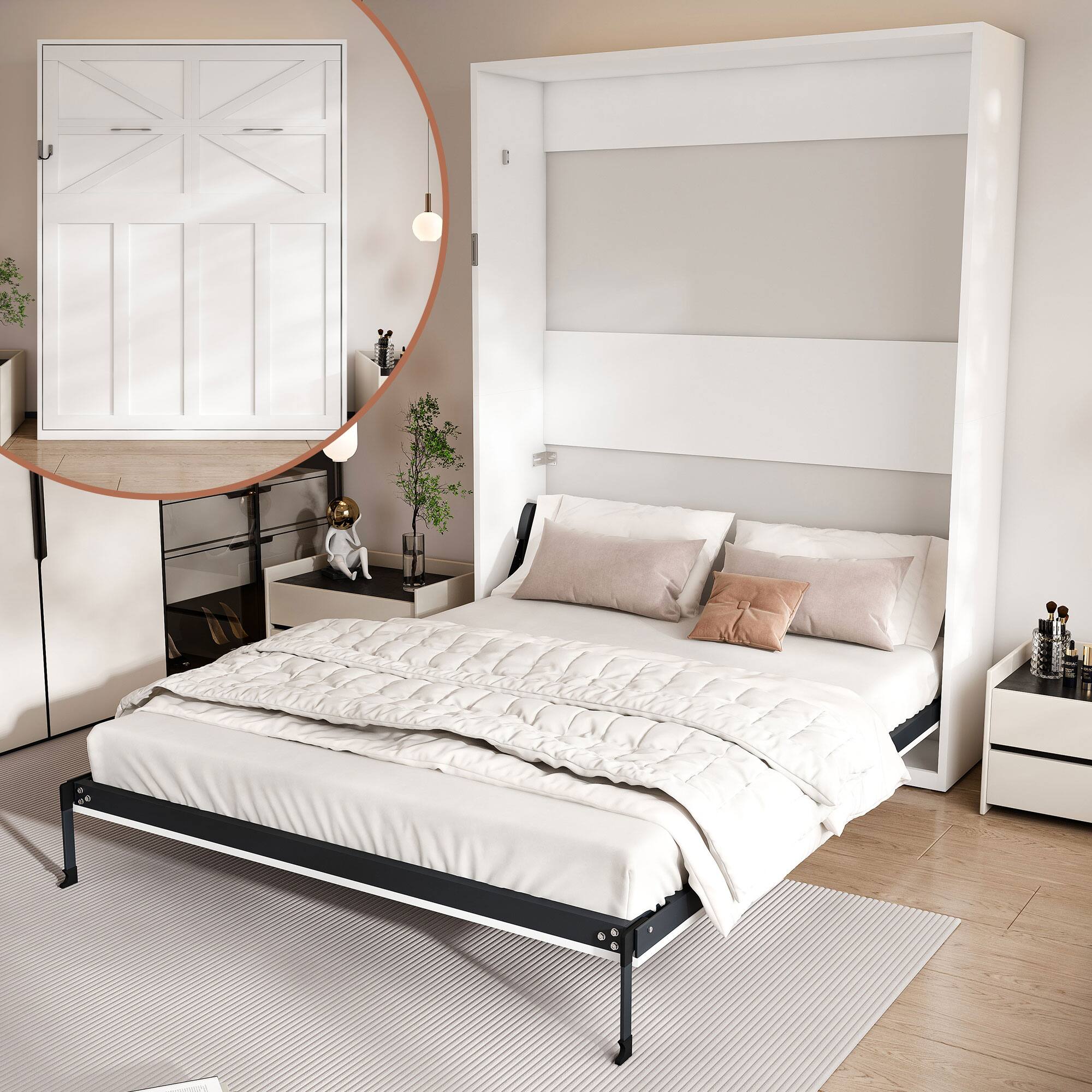Front. Anysun - Queen Murphy Bed – 65" Foldable Wall Bed, Farmhouse Style, Metal Frame, Wood Slats, Hidden Frame & Safety Lock - White.