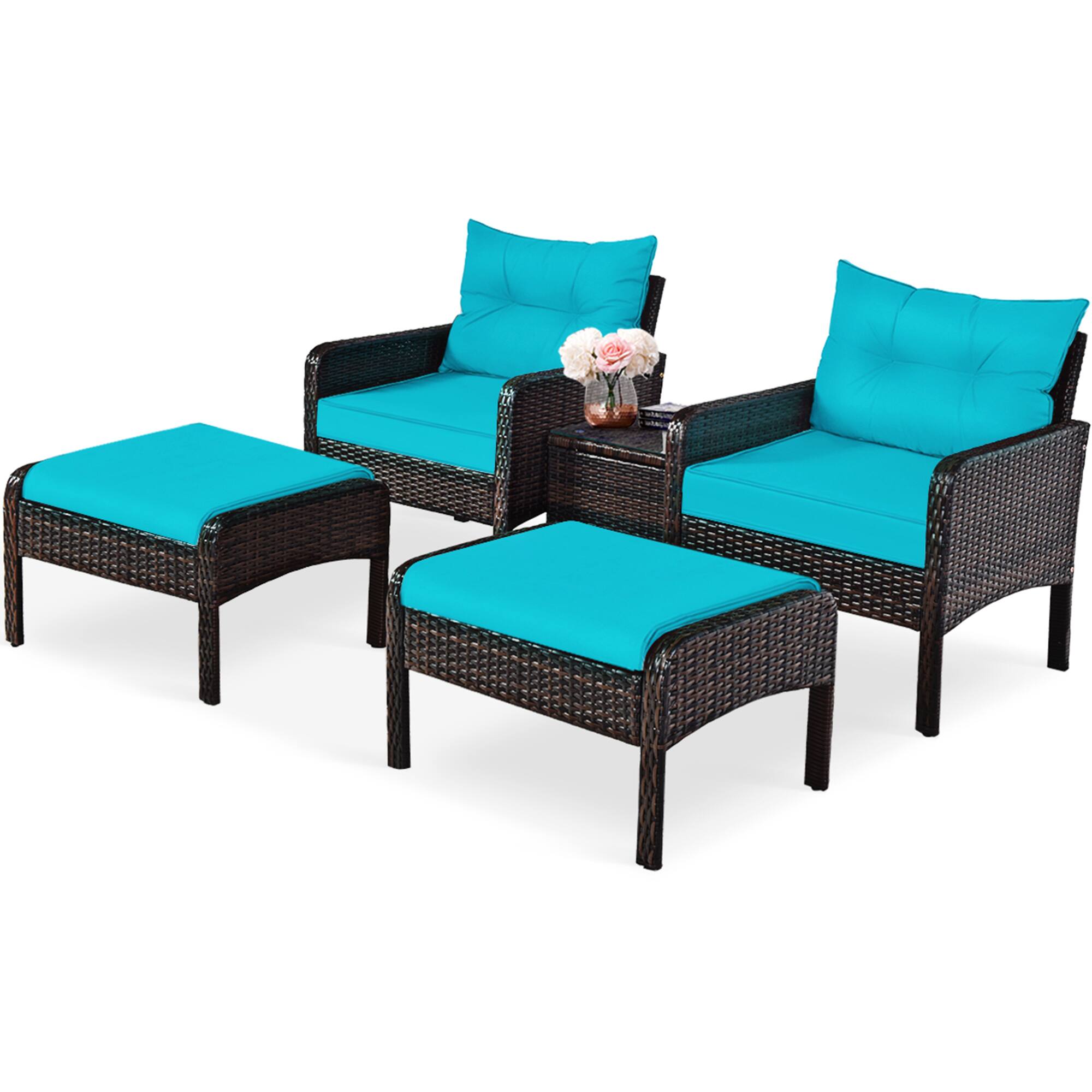 Alt View 5. Gymax - Gymax 5PCS Patio Set Sectional Rattan Wicker Furniture Set w/ Turquoise Cushion - as pic.