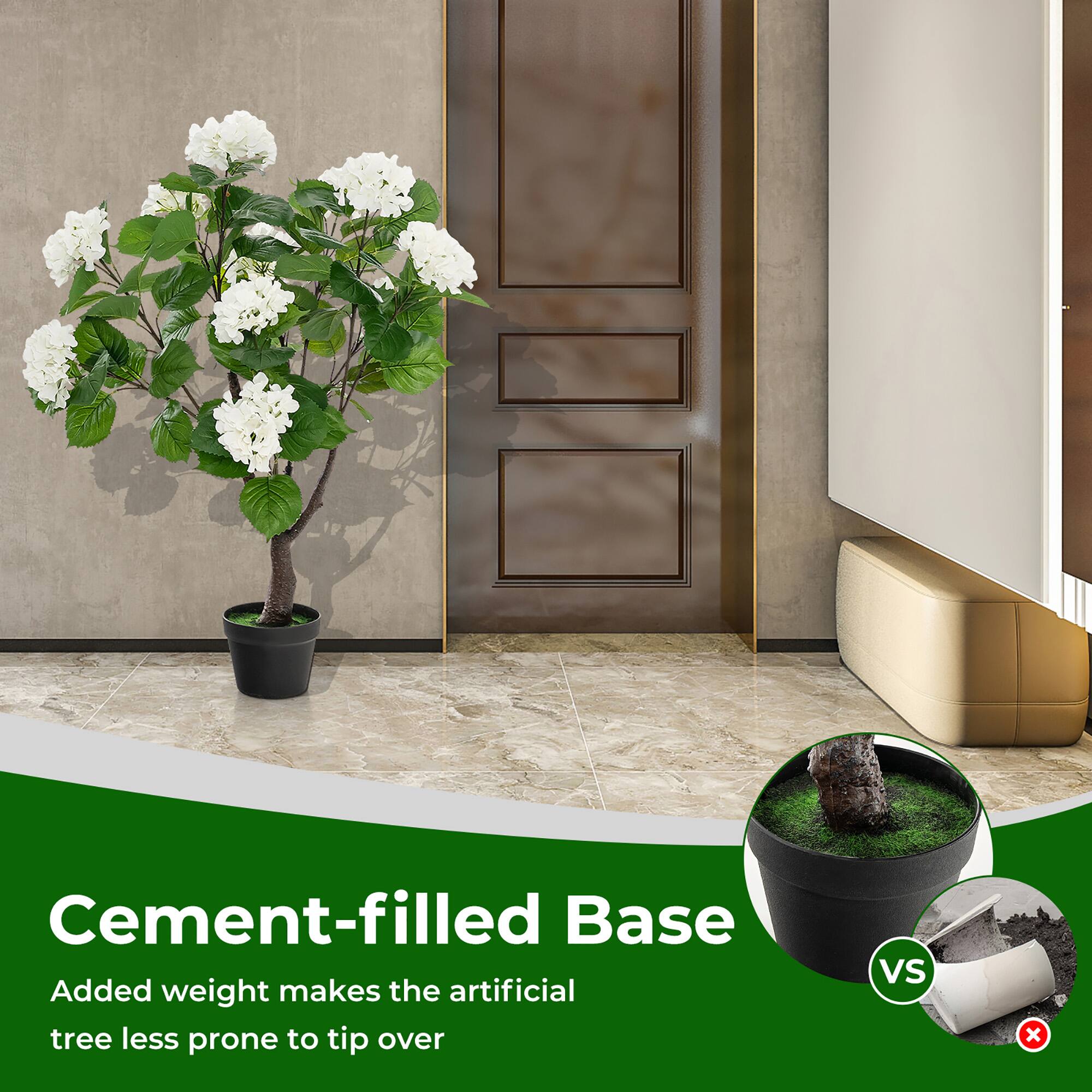 Cement-filled Base  
Added weight makes the artificial tree less prone to tip over  

vs  

Cement-filled Base  
Added weight makes the artificial tree less prone to tip over