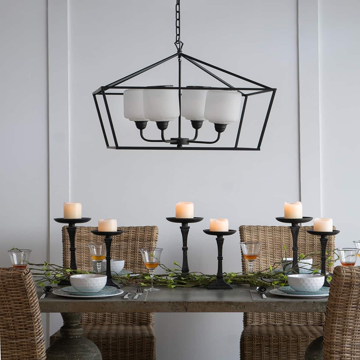 Loheer - Black Iron Chandelier, Rectangle Glass Shade Industrial Hanging Light Fixture for Dining Room