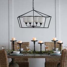 Loheer - Black Iron Chandelier, Rectangle Glass Shade Industrial Hanging Light Fixture for Dining Room
