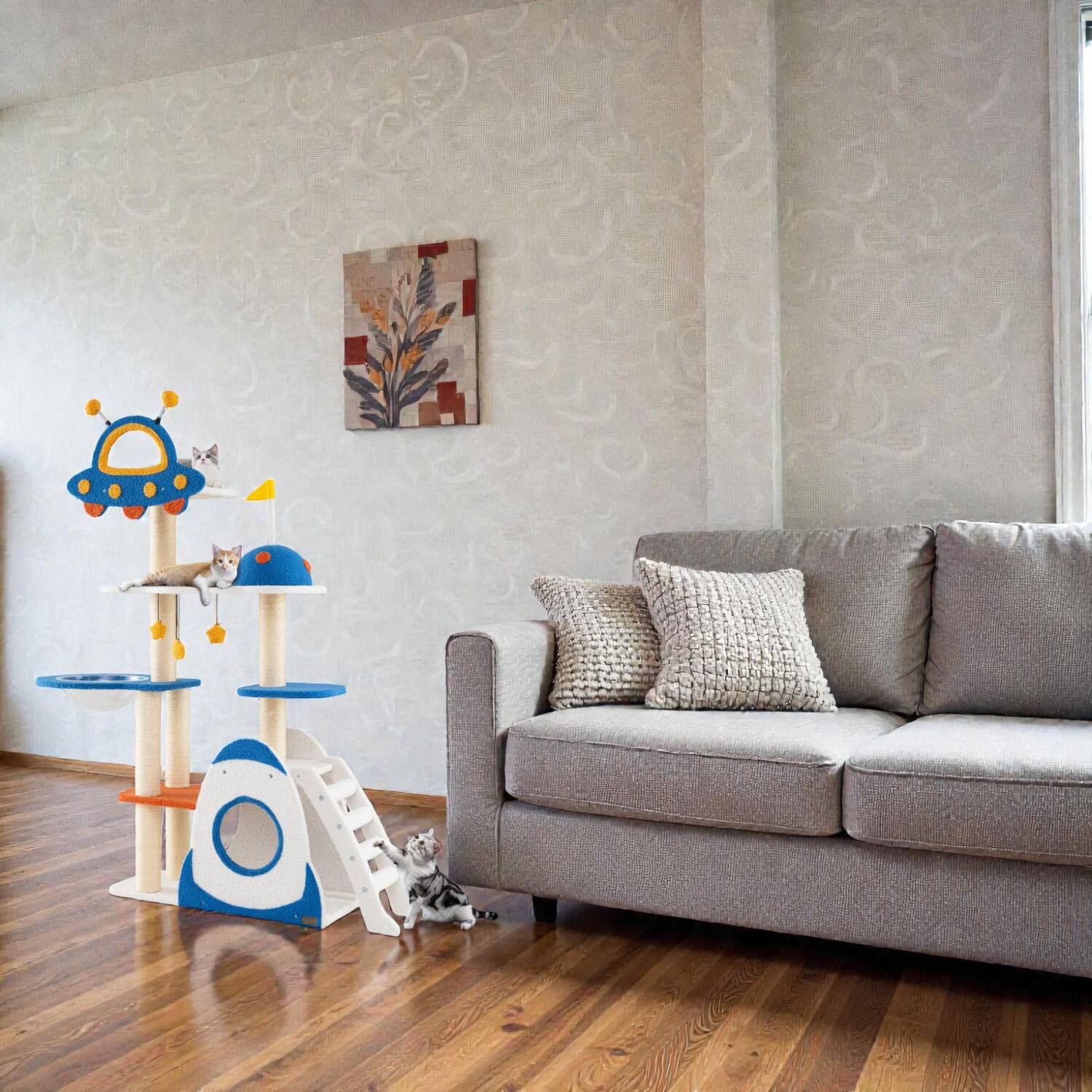 BreeBe - Astronaut-Inspired Cat Tree Featuring Layered Platforms and Sisal Scratching Columns - Multicolor