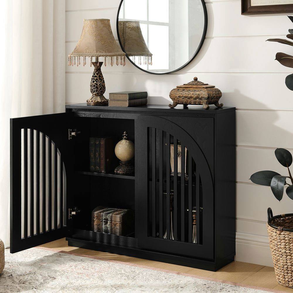 Alt View 6. Kadyn - Mid-Century Fluted Sideboard with 2 Outlet Holes - Black - Black.