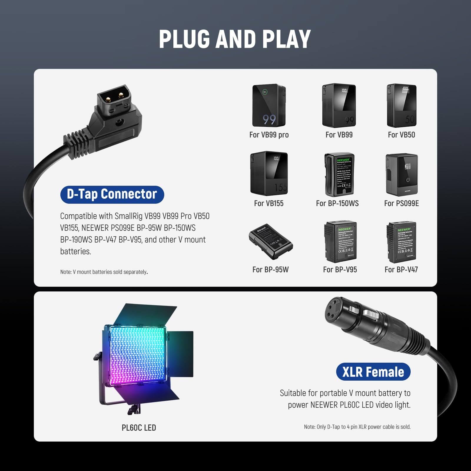 PLUG AND PLAY

D-Tap Connector
Compatible with SmallRig VB99 VB99 Pro VB50 VB155, NEEWER PS099E BP-95W BP-150WS BP-190WS BP-V47 BP-V95, and other V mount batteries.
Note: V mount batteries sold separately.

XLR Female
Suitable for portable V mount battery to power NEEWER PL60C LED video light.
Note: Only D-Tap to 4 pin XLR power cable is sold.