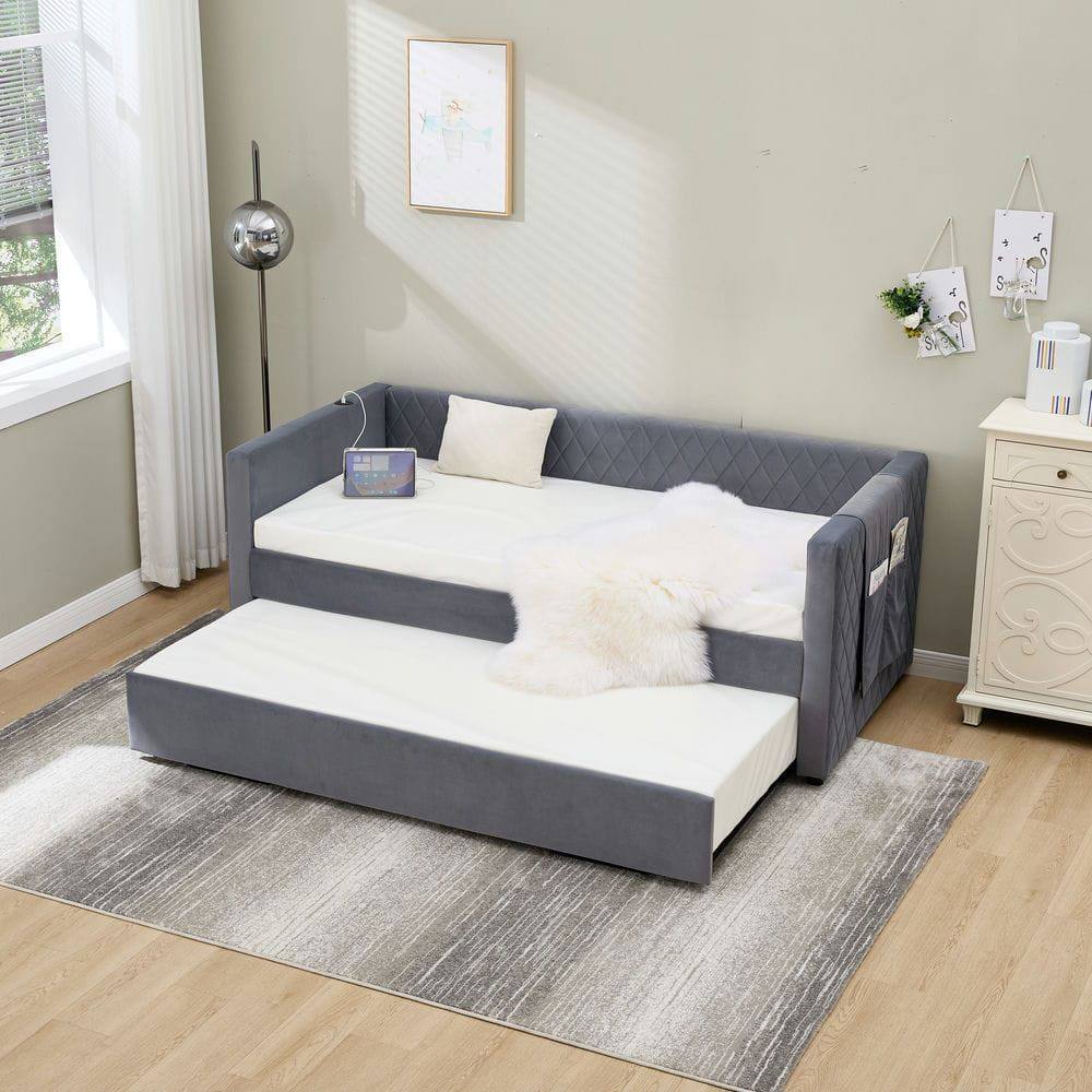 Kadyn - Velvet Daybed with Sturdy Wood Frame, Modern Diamond Grid Pull-Out Design for Bedroom Living Room - Gray