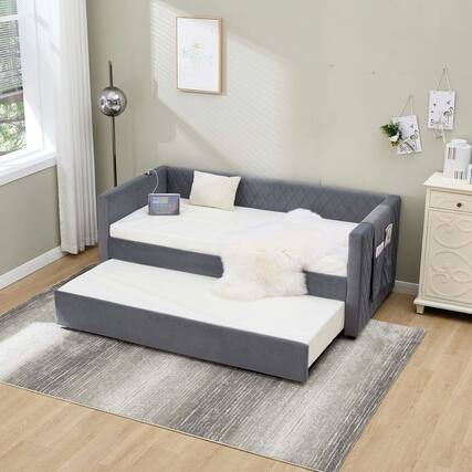 Front. Kadyn - Velvet Daybed with Sturdy Wood Frame, Modern Diamond Grid Pull-Out Design for Bedroom Living Room - Gray.