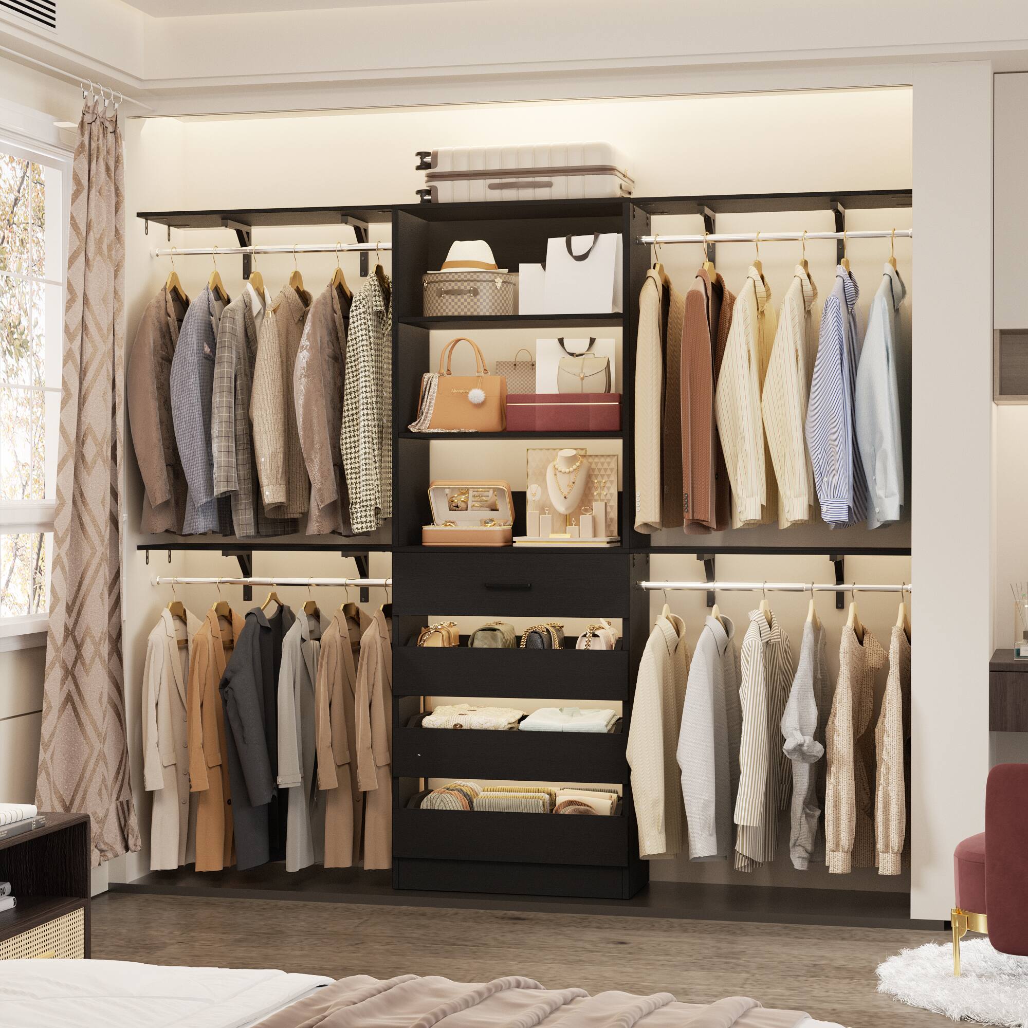 Angle. Aheaplus - Heavy-Duty 8FT Closet Organizer with 4 Drawers - Customizable Storage for Spaces 4-9 ft - Black.
