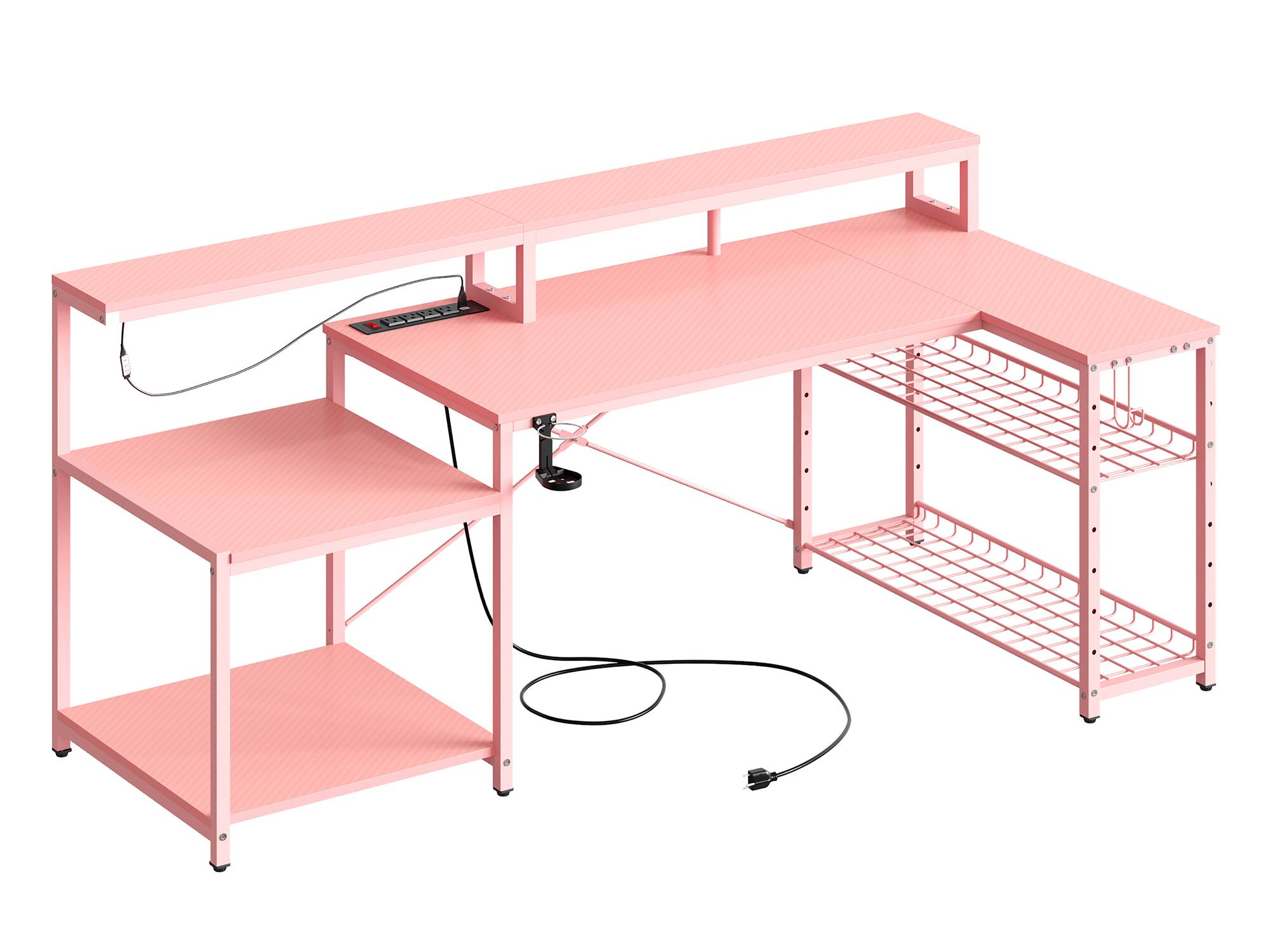 Left. Bestier - 71.5inch L-Shaped Gaming Desk with Integrated LED Lighting and Power Outlet - Pink.