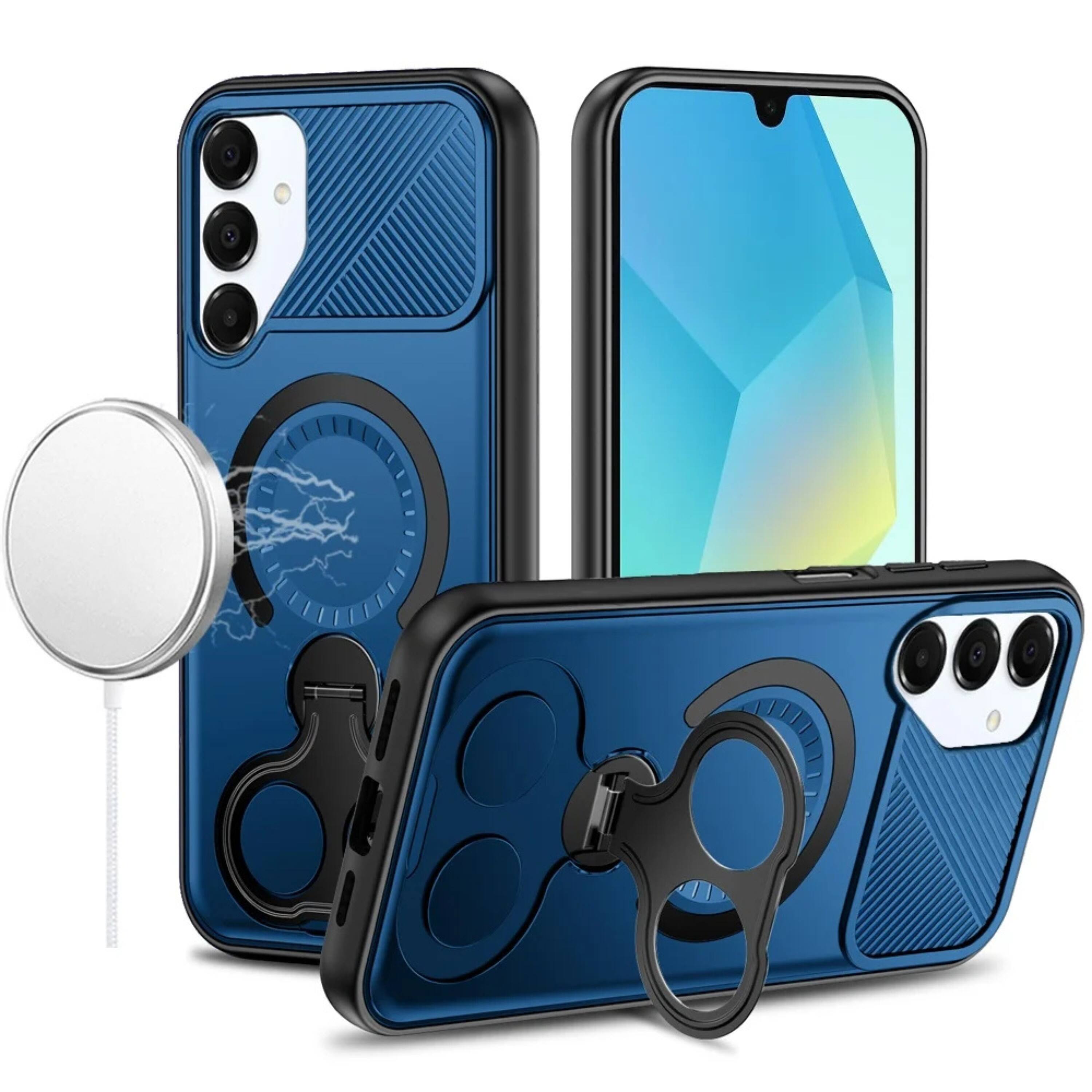 Front. Kitcheniva - Magnetic Circle Dual 360 Ring Stand Phone Case With Tempered Glass For Samsung A16 5G Blue - Blue.