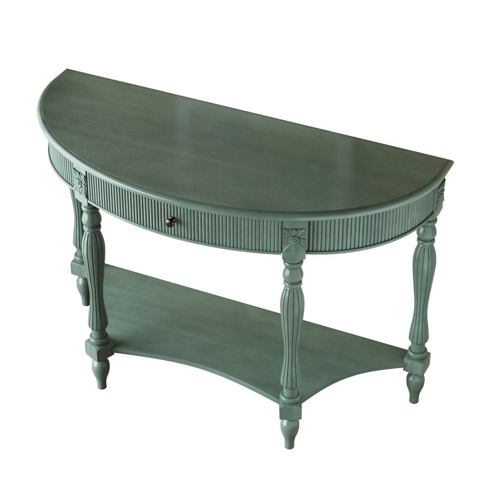 Alt View 6. Loheer - Loheer Antique Green Entryway Table, Solid Wood Half Moon Console Table with Drawer, Roman Column Legs, Semicircular - Antique Green.