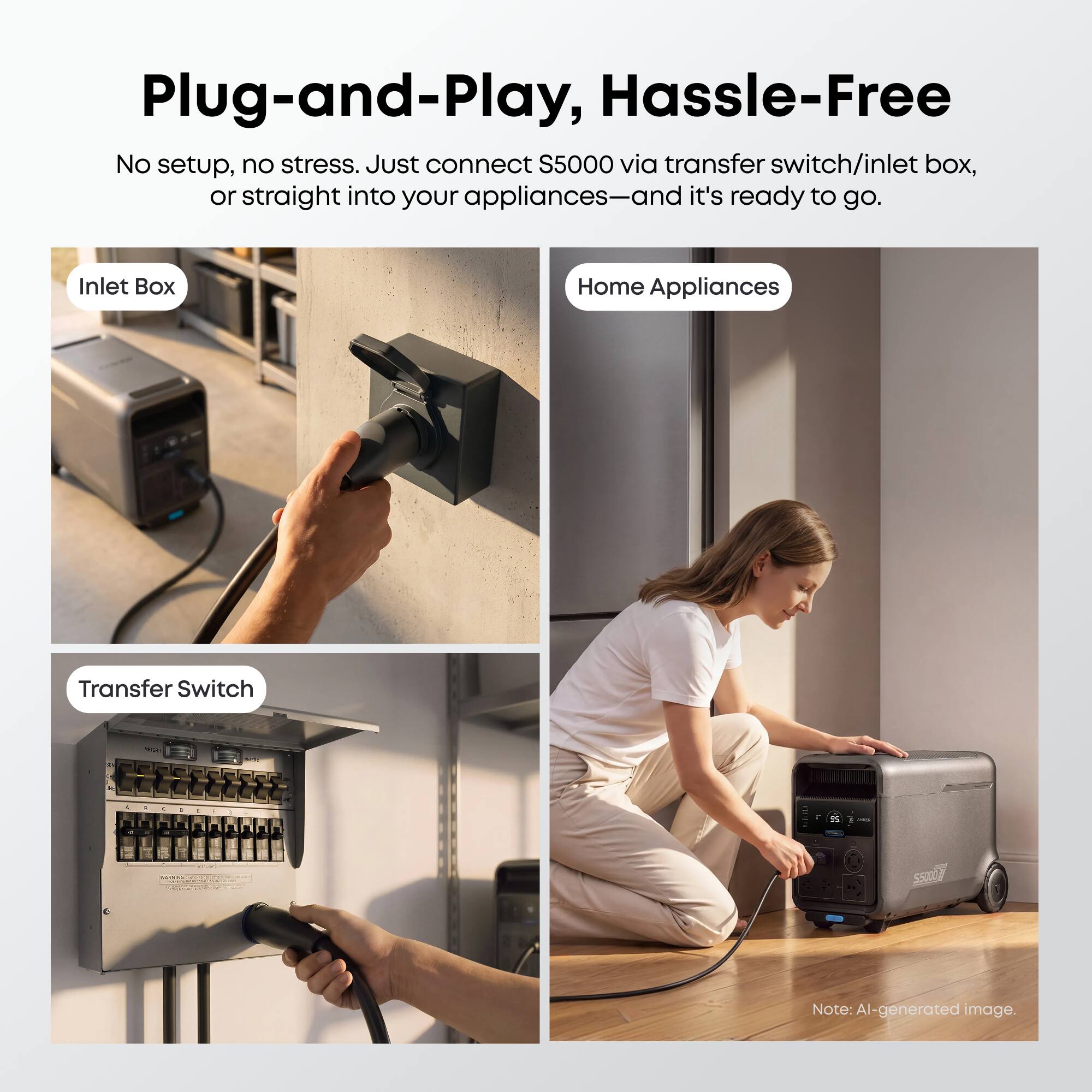 Plug-and-Play, Hassle-Free

No setup, no stress. Just connect S5000 via transfer switch/inlet box, or straight into your appliances—and it's ready to go.

Inlet Box

Home Appliances

Transfer Switch

Note: AI-generated image.
