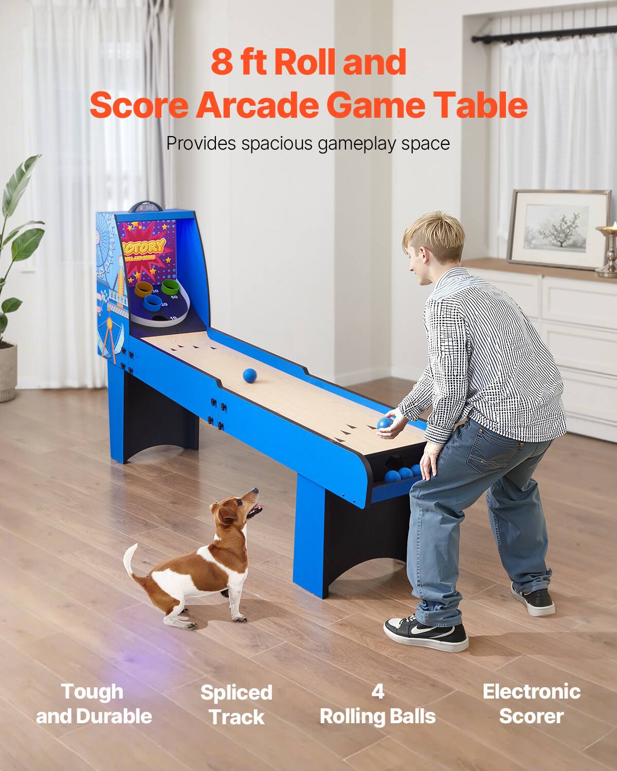 8 ft Roll and Score Arcade Game Table  
Provides spacious gameplay space  

Tough and Durable  
Spliced Track  
4 Rolling Balls  
Electronic Scorer
