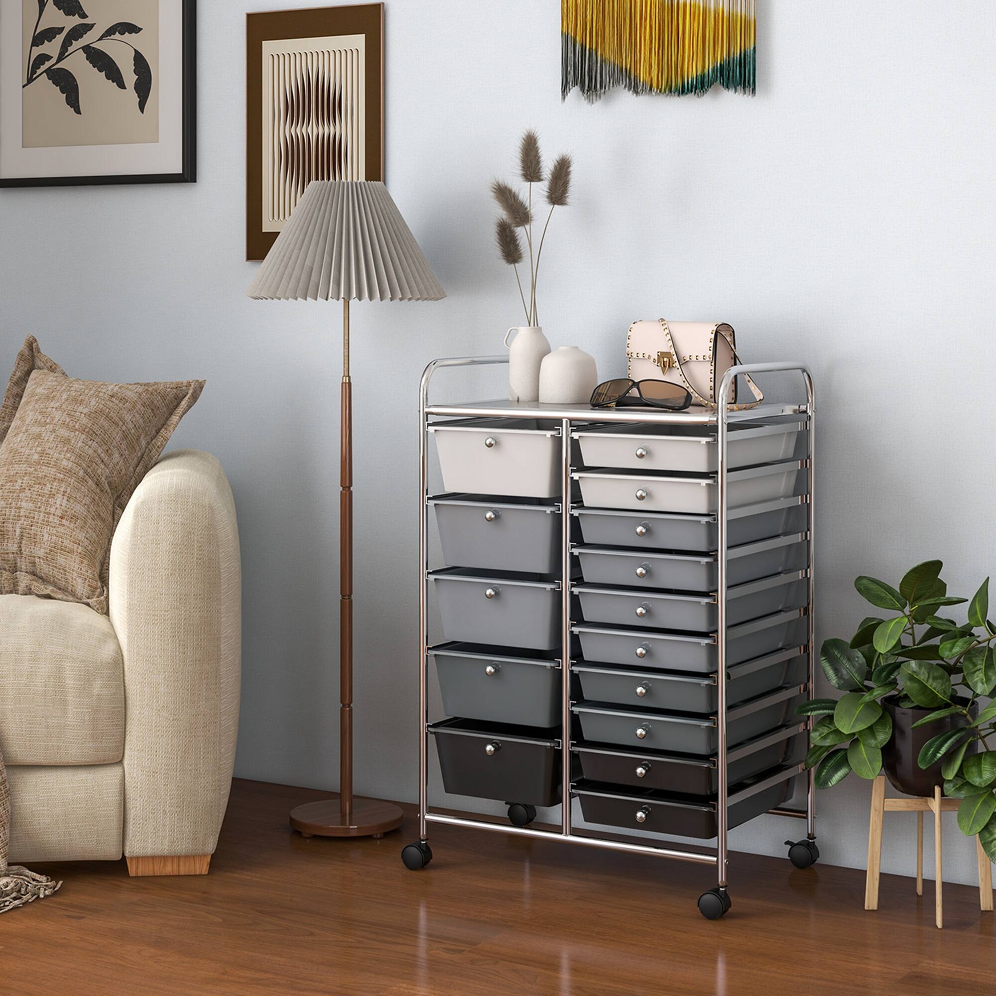 Alt View 3. Costway - 15 Drawer Rolling Storage Cart Scrapbook Paper Office School Organizer - Gradient Gray.
