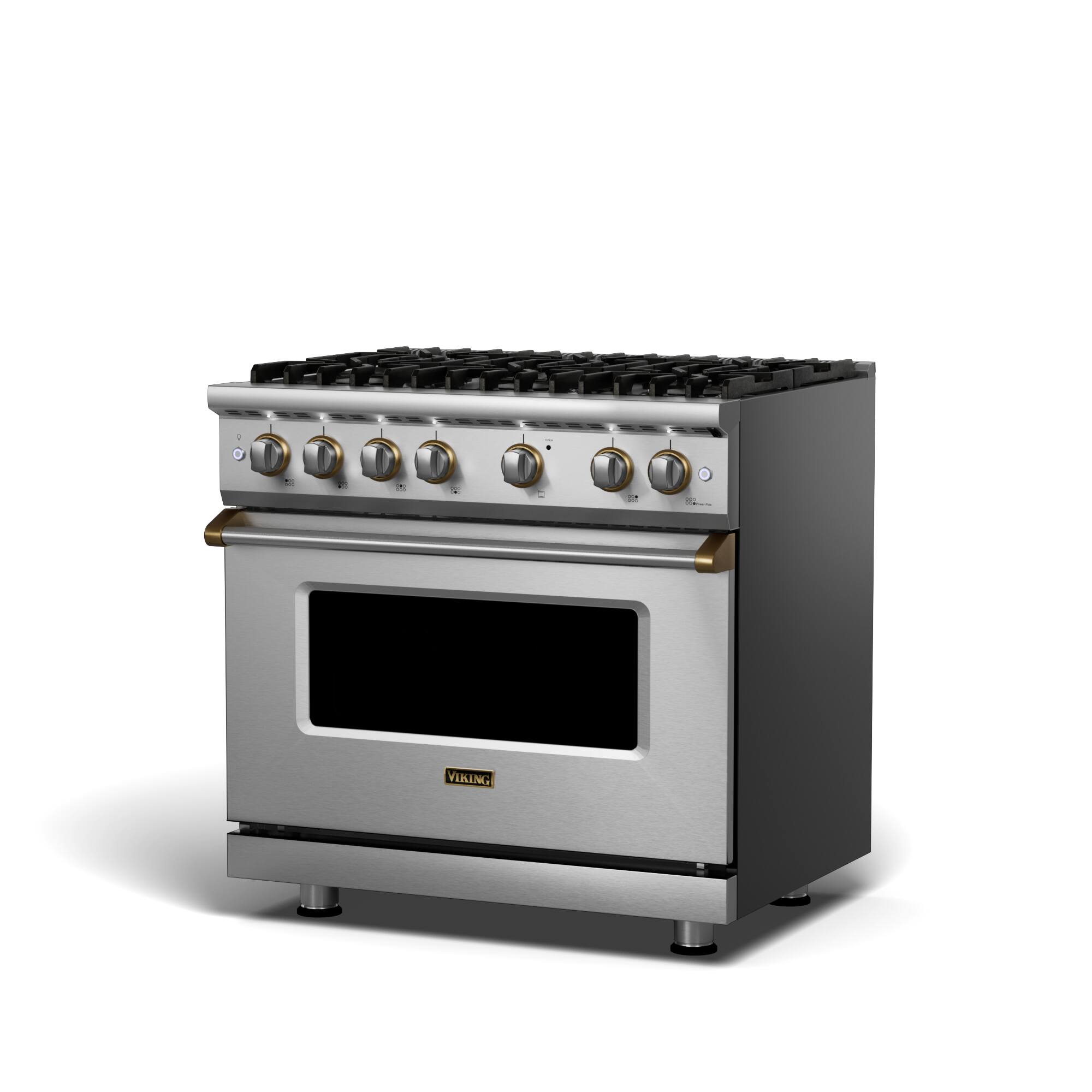 Angle. Viking - 5-Series 5.6 Cu. Ft. Self-Cleaning Freestanding Dual Fuel Convection Range - Stainless with Brushed Brass Accents.
