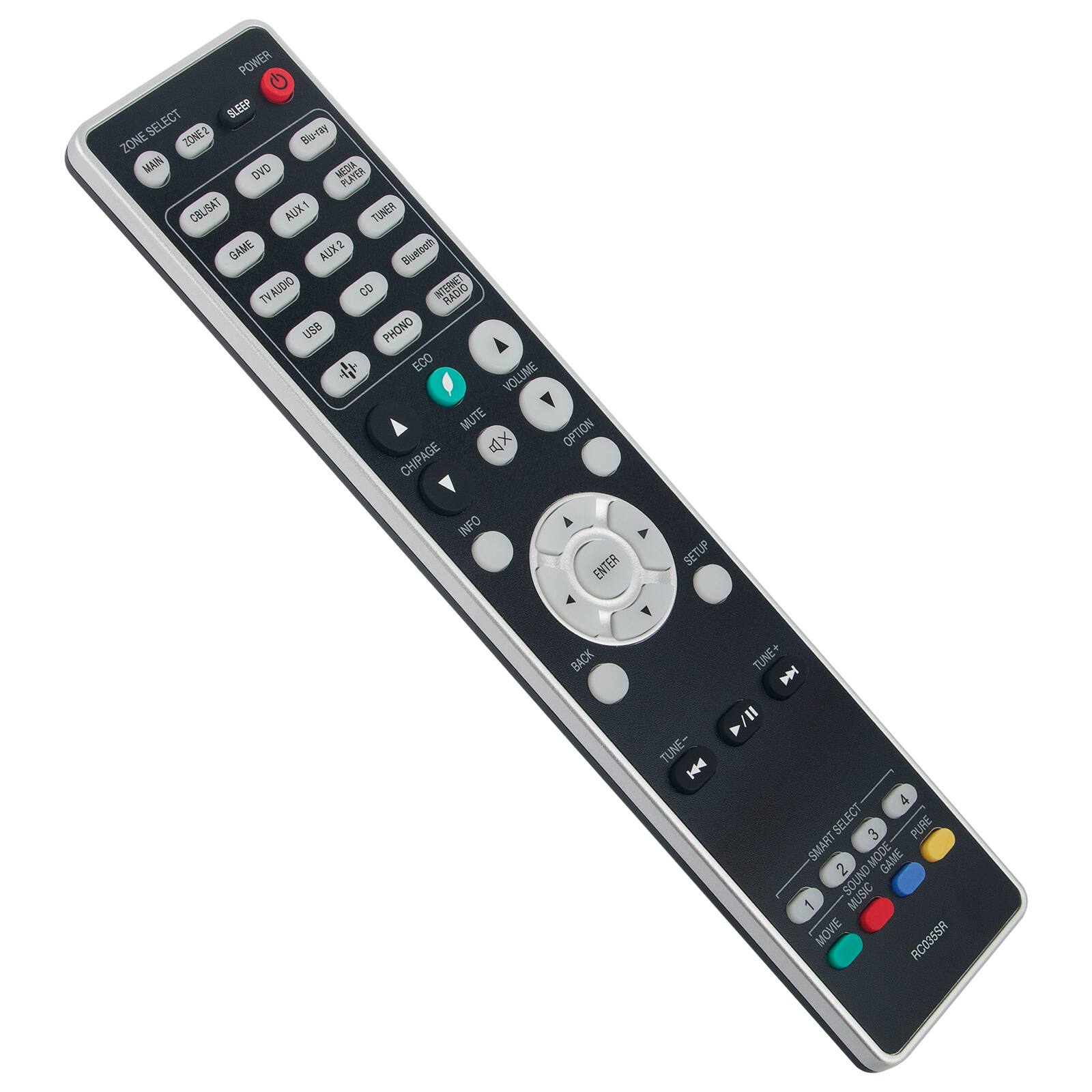 POWER SLEEP SELECT ZONE2  
Blu-ray ZONE MAN DVD MEDIA PLAYER  
CBL/SAT AUX1 TUNER GAME AUX2  
TV AUDIO CD RADIO USB PHONO  
ECO VOLUME MUTE OPTION X  
CHIPAGE INFO ENTER SETUP BACK TUNE+ TUNE-  
4 SELECT 3 PURE SMART MODE GAME 2 SOUND MUSIC 1 MOVIE  
AC0358R