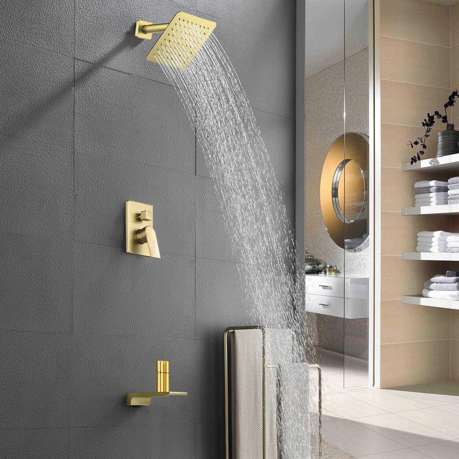 Alt View 4. Boyel Living - Brushed Gold 2-Function Brass Pressure Balance Valve 8 Inch SUS304 Top Spray Waterfall Spout Dual Water Outlet - Brushed Gold.