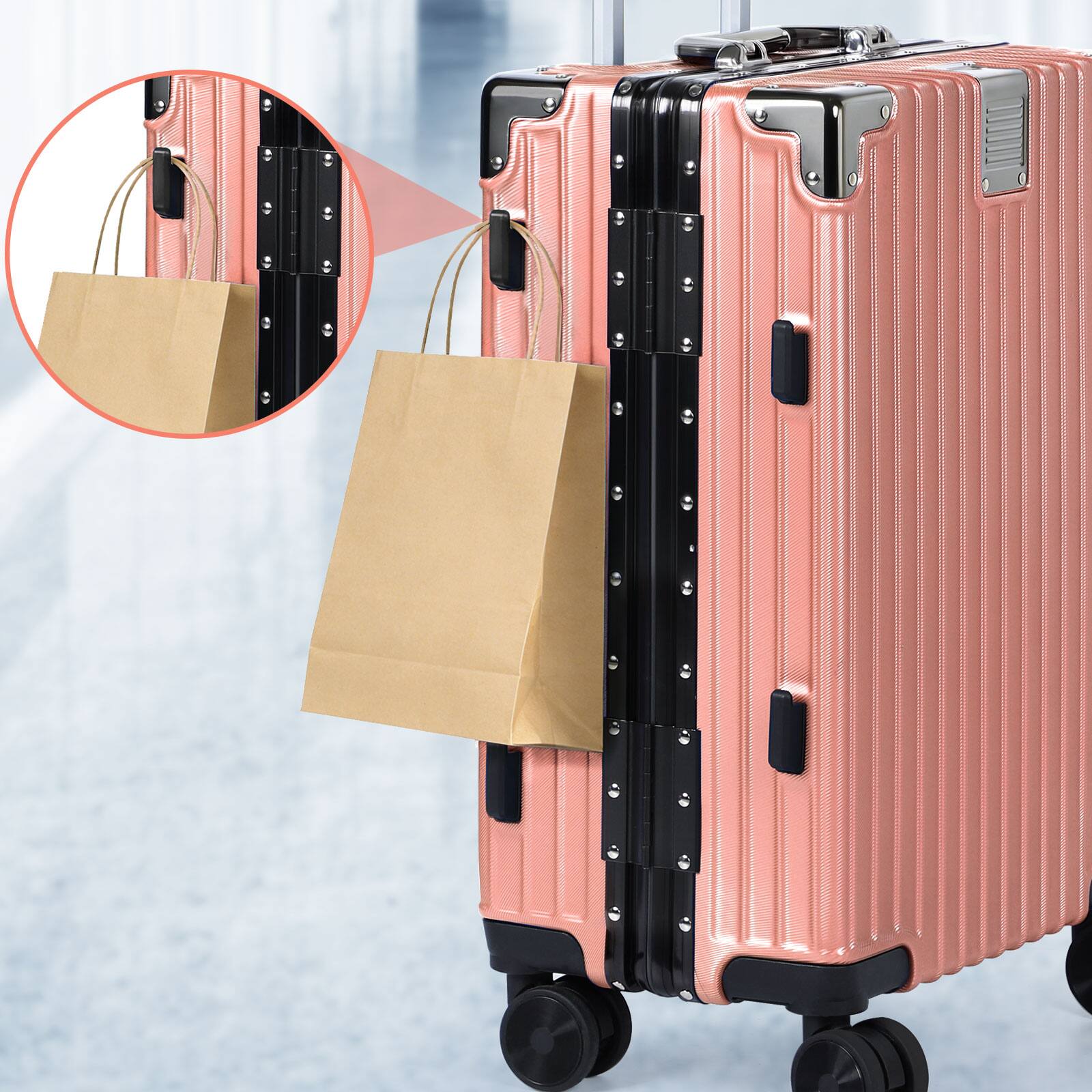 Angle. Oumilen - 2 Piece Pink Travel Set – 20" ABS Aluminum Carry On with TSA Lock + Expandable Tote, Silent Wheels - Pink.