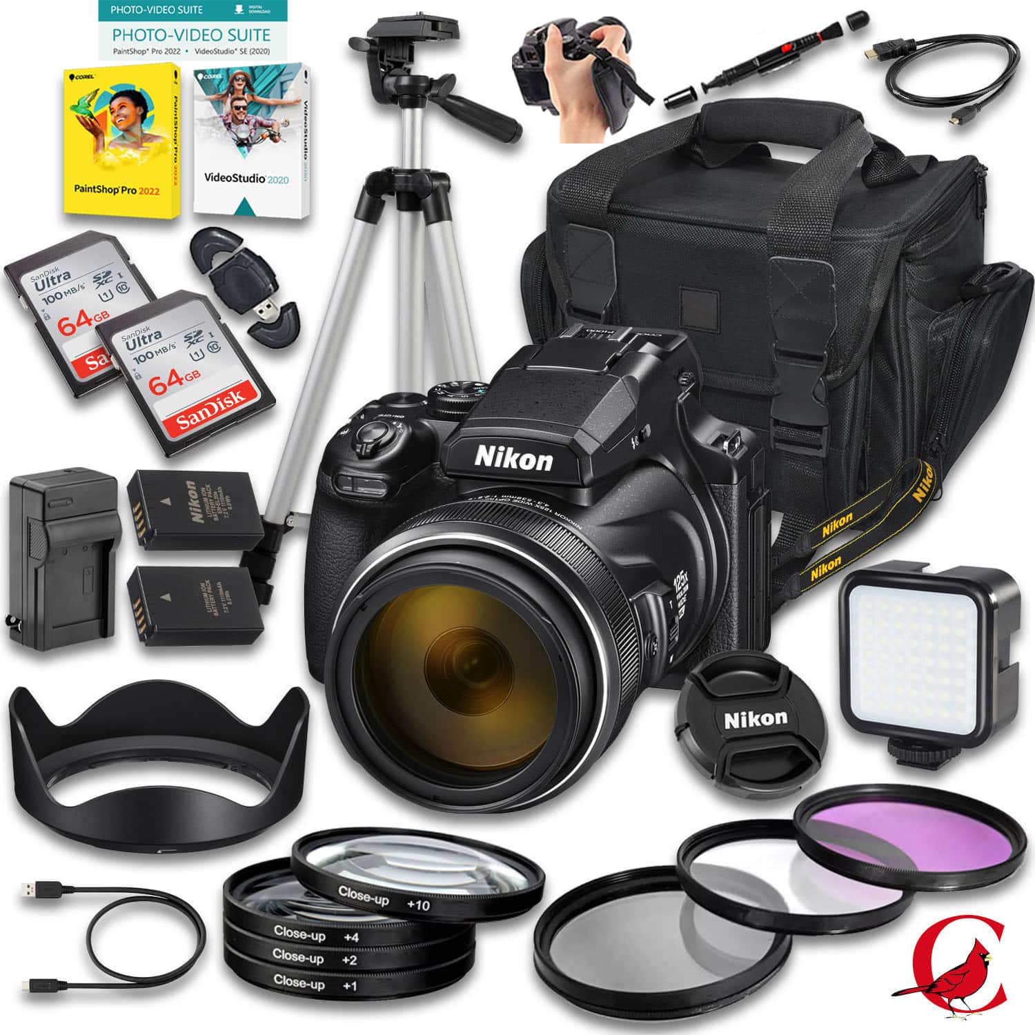 Bundle - Nikon - COOLPIX P1100 4K Bridge Camera with 128GB Memory, Extra Battery, Case, Tripod & LED Light - Black