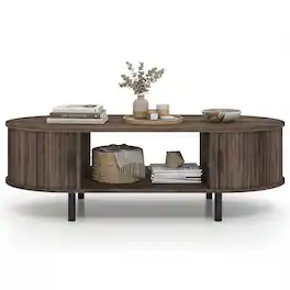 Costway - Oval Coffee Table, 47.5" Wooden Center Table with Storage, Sliding Tambour Doors - Walnut
