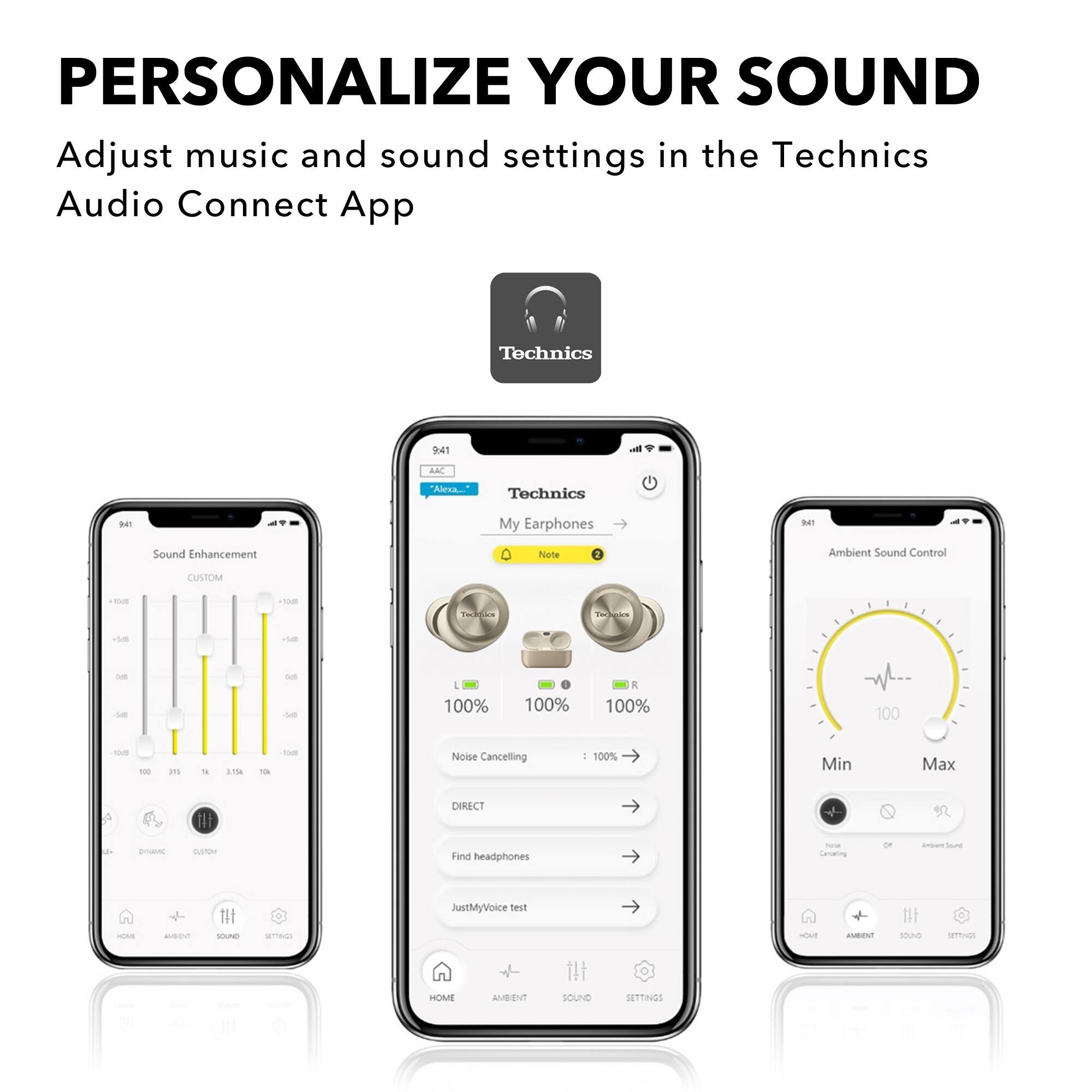 Personalize Your Sound: Adjust music and sound settings in the Technics Audio Connect App. Technics 9:41 a.m. My Earphones Sound Enhancement Note 2 Ambient Sound Control Customizable 100% 100% 100% 100% 100% Noise Cancelling: 100% Min Max Volume Direct Headphones Gas On Sound Test and Just My Voice.