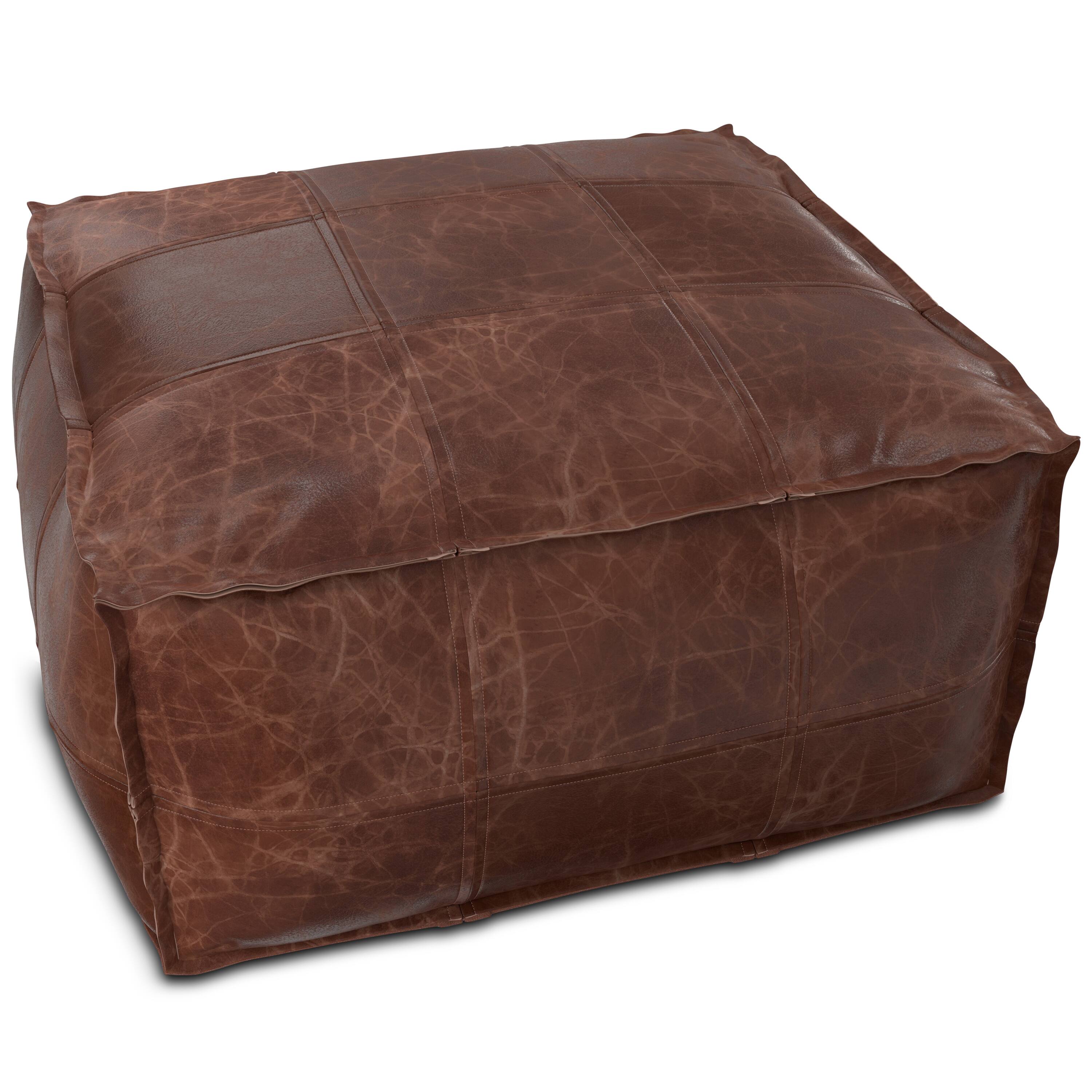 Alt View 1. Simpli Home - Simpli Home Sheffield 26 inch Wide Square Coffee Table Pouf in Distressed Brown Genuine Leather - Distressed Brown.