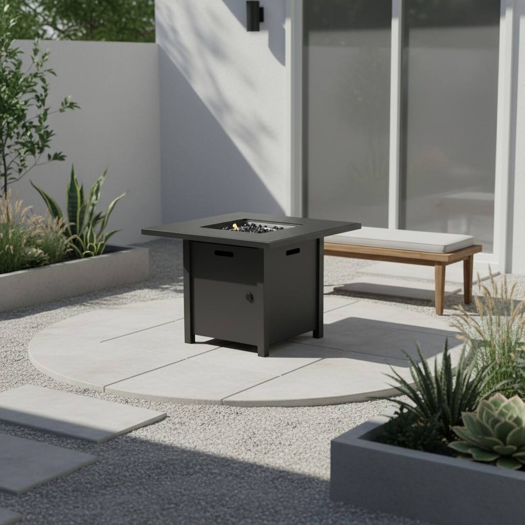 Angle. Mondawe - 30" Powdercoated Metal Fire Pit with Smoked Glass Top - Grey.