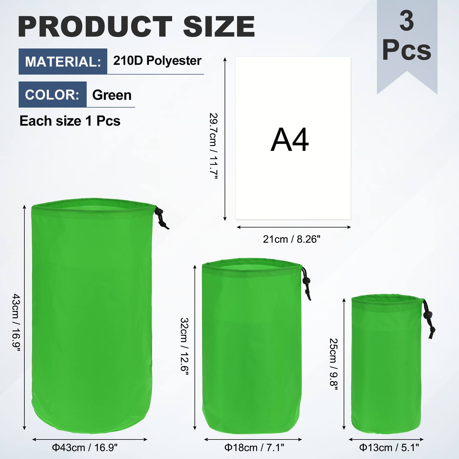 PRODUCT SIZE  
MATERIAL: 210D Polyester  
COLOR: Green  
Each size 1 Pcs  

A4  
29.7cm / 11.7"  
21cm / 8.26"  

3 Pcs  
43cm / 16.9"  
32cm / 12.6"  
25cm / 9.8"  
18cm / 7.1"  
13cm / 5.1"