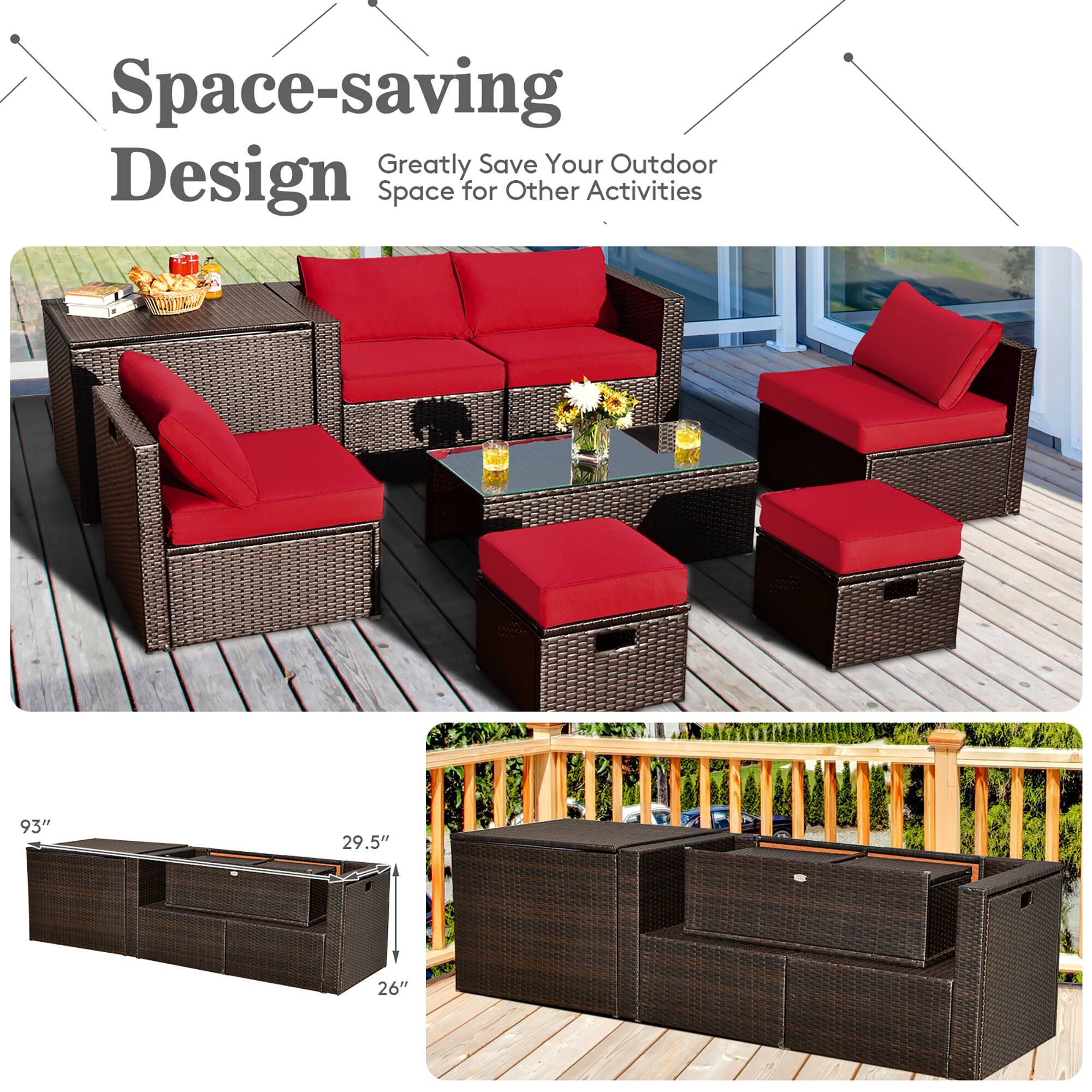 Space-saving Design  
Greatly Save Your Outdoor Space for Other Activities  

93" 29.5" 26"