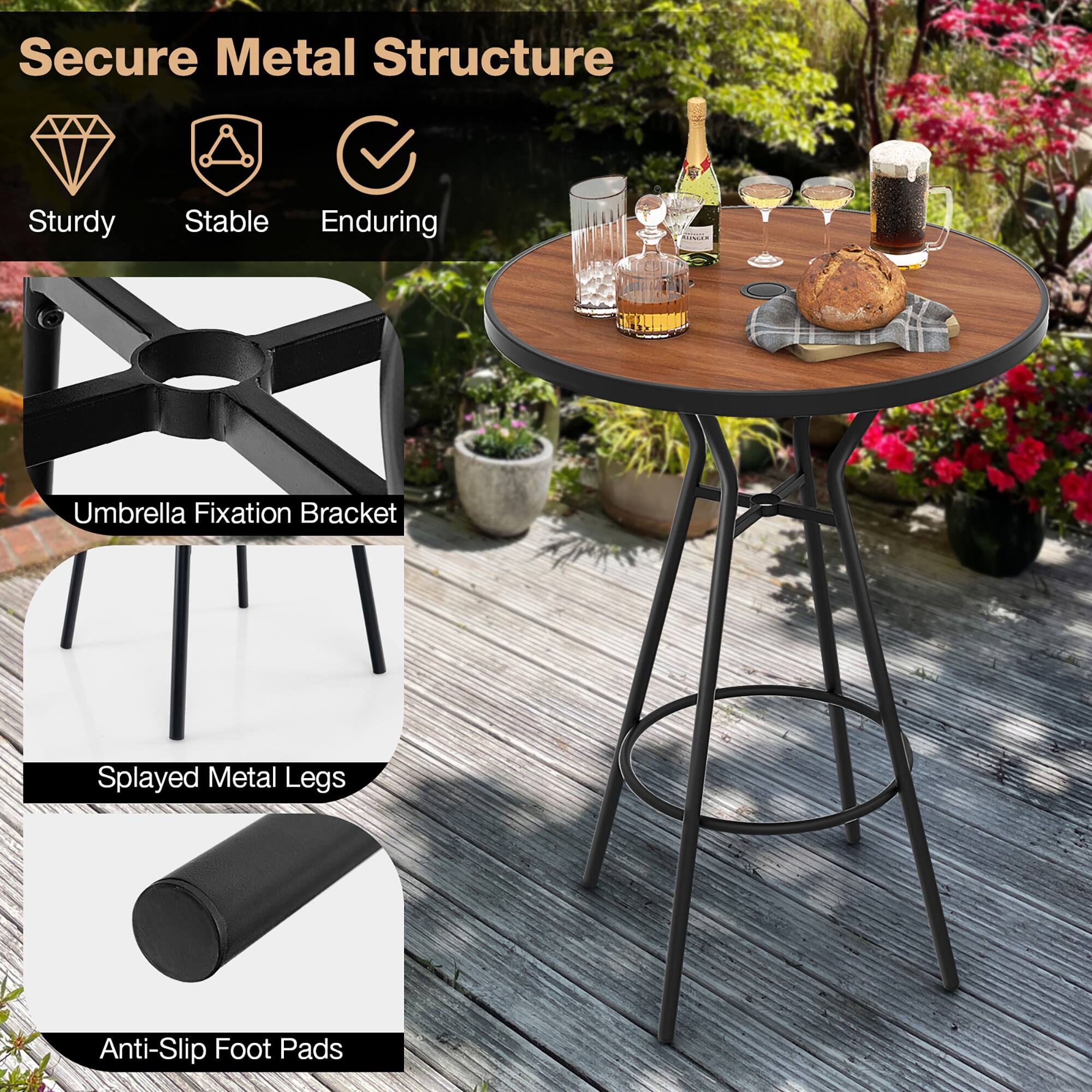 Secure Metal Structure  
Sturdy Stable Enduring  

Umbrella Fixation Bracket  
Splayed Metal Legs  
Anti-Slip Foot Pads