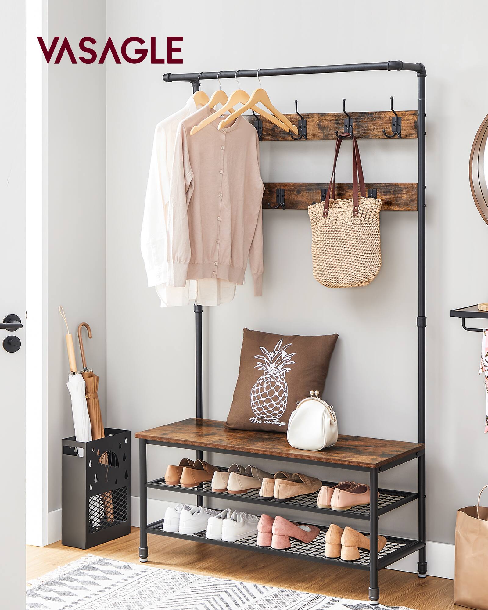 Angle. Songmics Home - 3-in-1 Entryway Coat Rack and Storage Bench, Pipe Style Hall Tree with 9 Hooks, Multifunctional, Sturdy Steel Frame - Rustic Brown and Black.