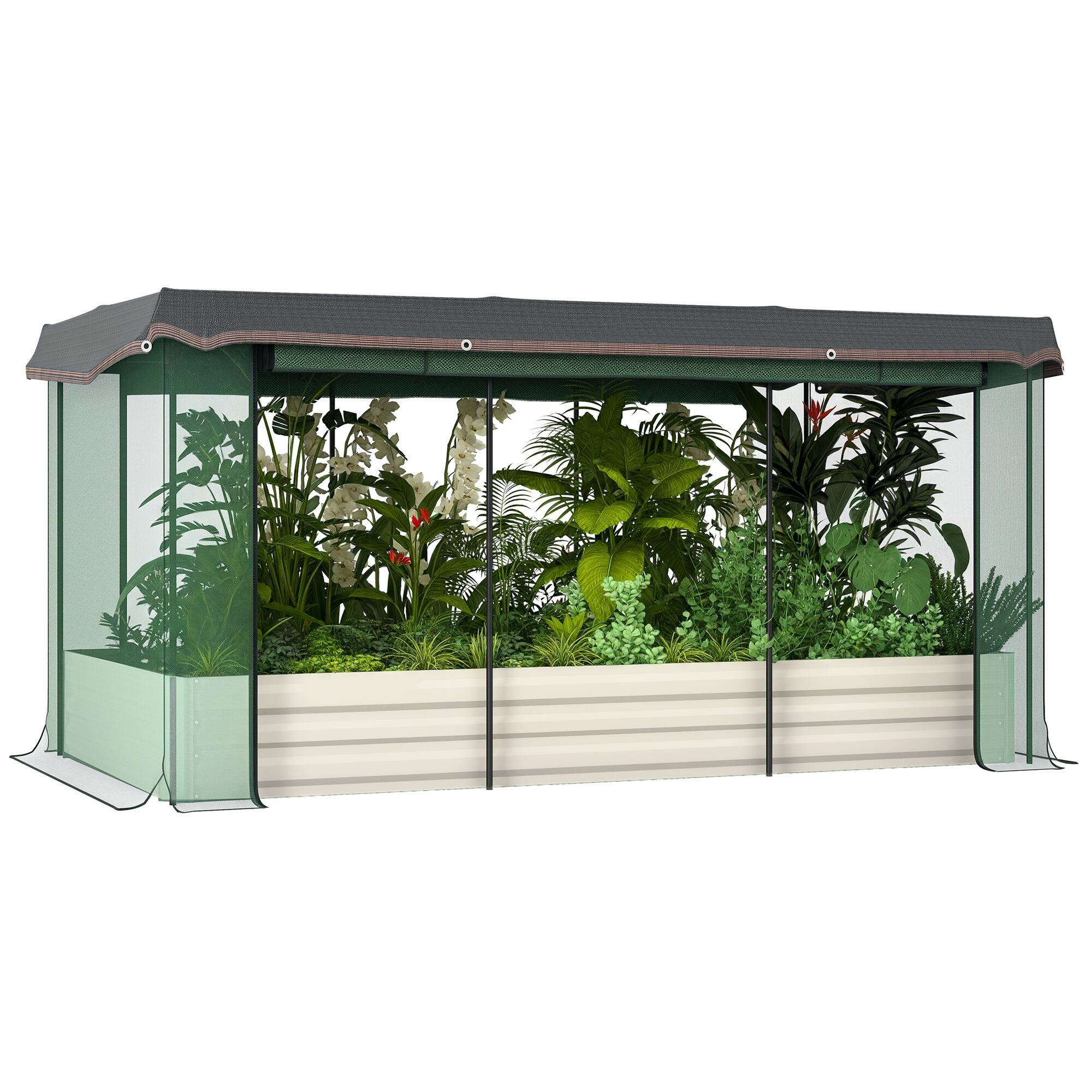 Outsunny - Steel Planter Box with Crop Cage and Shade Cloth, Raised Garden Bed for Flowers - Beige