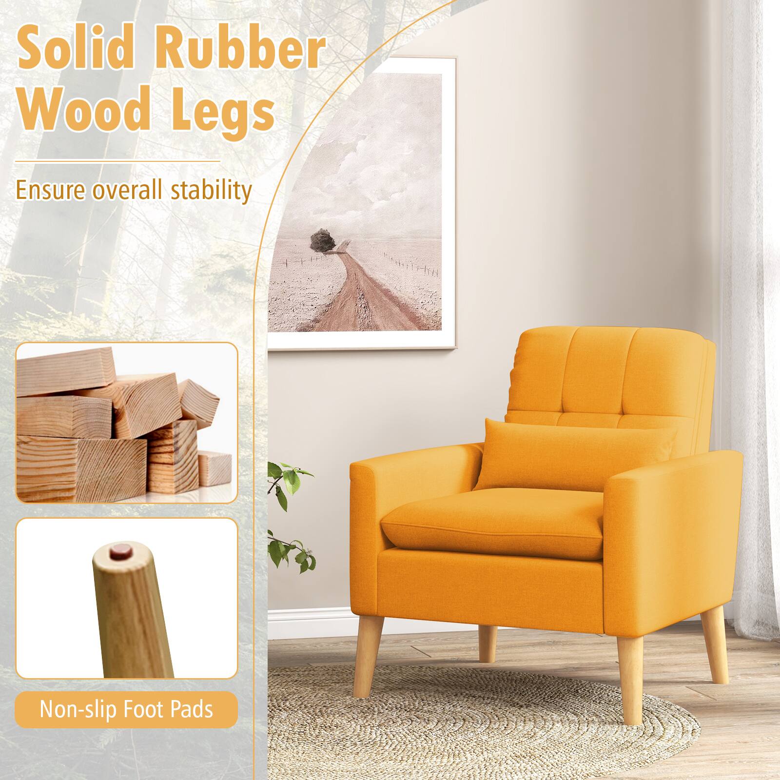 Solid Rubber Wood Legs, Non-slip Foot Pads