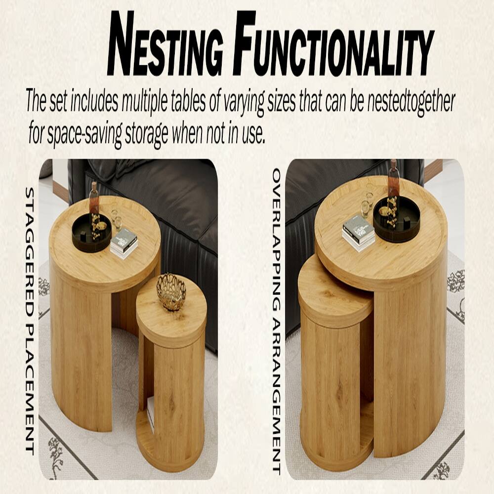 NESTING FUNCTIONALITY  
The set includes multiple tables of varying sizes that can be nested together for space-saving storage when not in use.  

STAGGERED PLACEMENT  
OVERLAPPING ARRANGEMENT