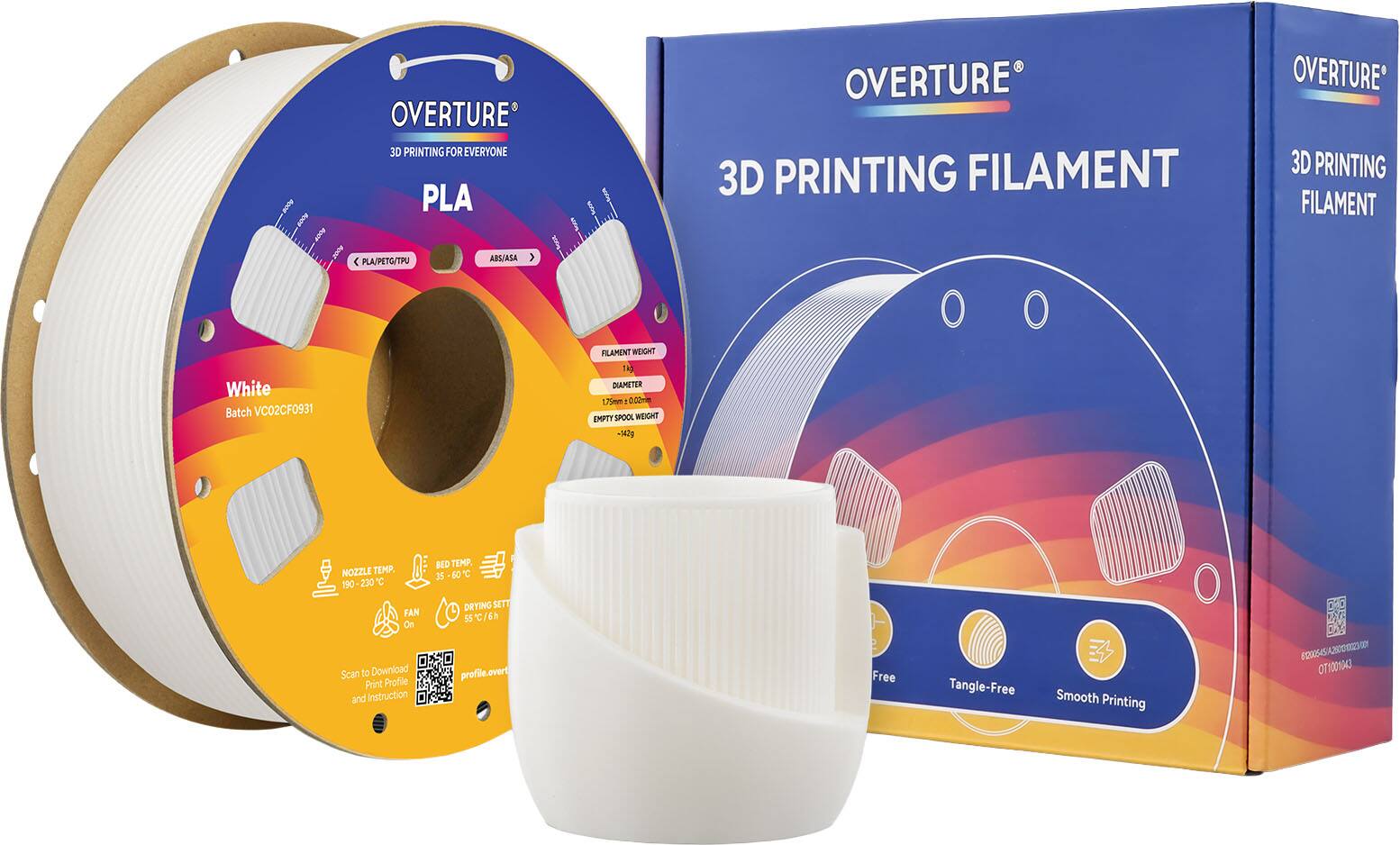 OVERTURE 3D PRINTING FOR EVERYONE  
PLA OVERTURE 3D PRINTING FILAMENT  
PLA/PETG/TPU ABS/ASA  

White  
Batch VC02CF0931  
FILAMENT WEIGHT 14g  
DIAMETER 1.75mm - 0.00mm  
EMPTY SPOOL WEIGHT -142g  
NOZZLE TEMP. 190-230°C  
FAN On  
BED TEMP. 35-60°C  
DRYING SETT 55°C/6h  
profile.overt  

Free Tangle-Free Smooth Printing  

00545/A2502 T100134
