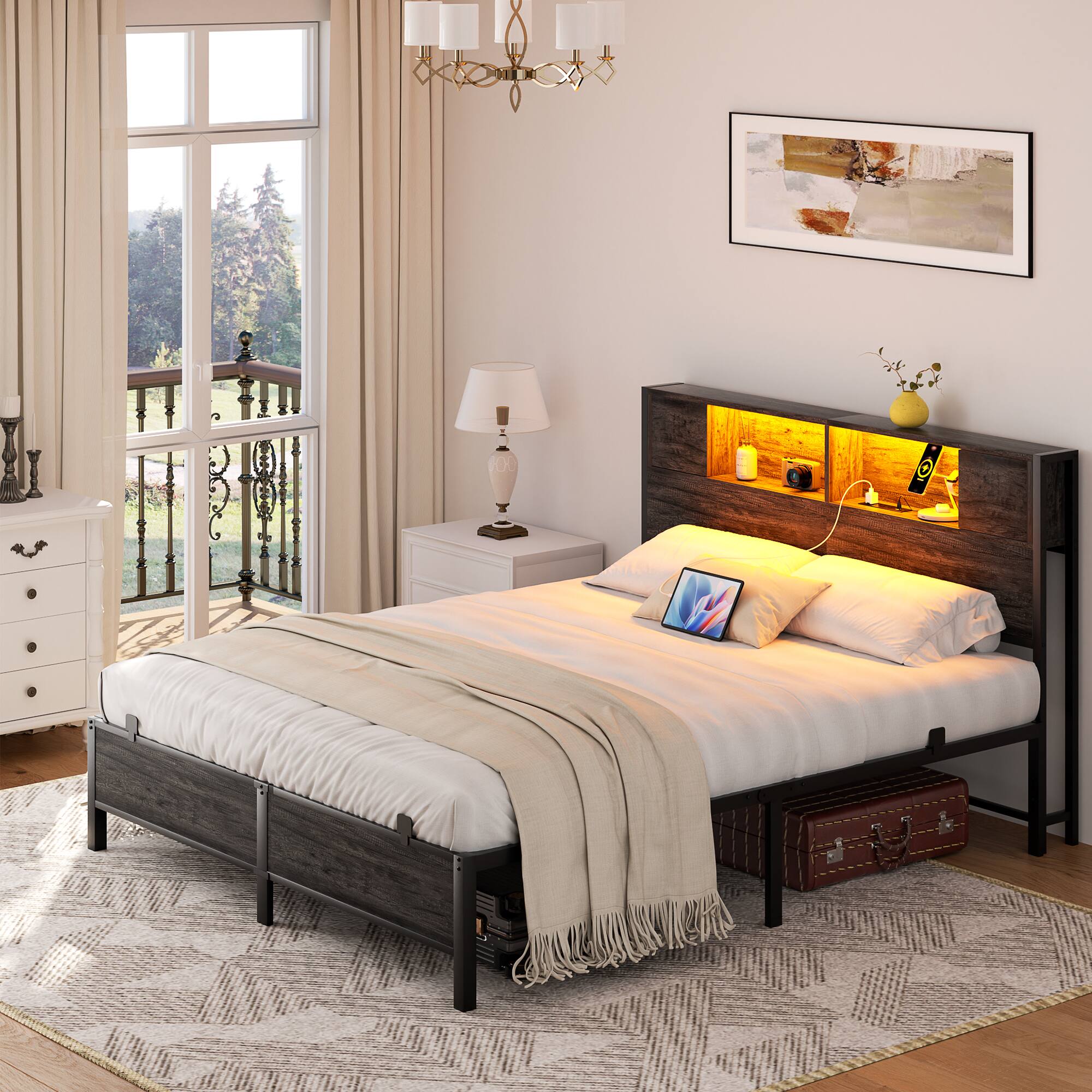 Alt View 3. Aheaplus - Industrial Metal Bed Frame: Storage Headboard / Charging, LED Lights, Steel Slats, No Box Spring, Easy Assembly - Black Oak.