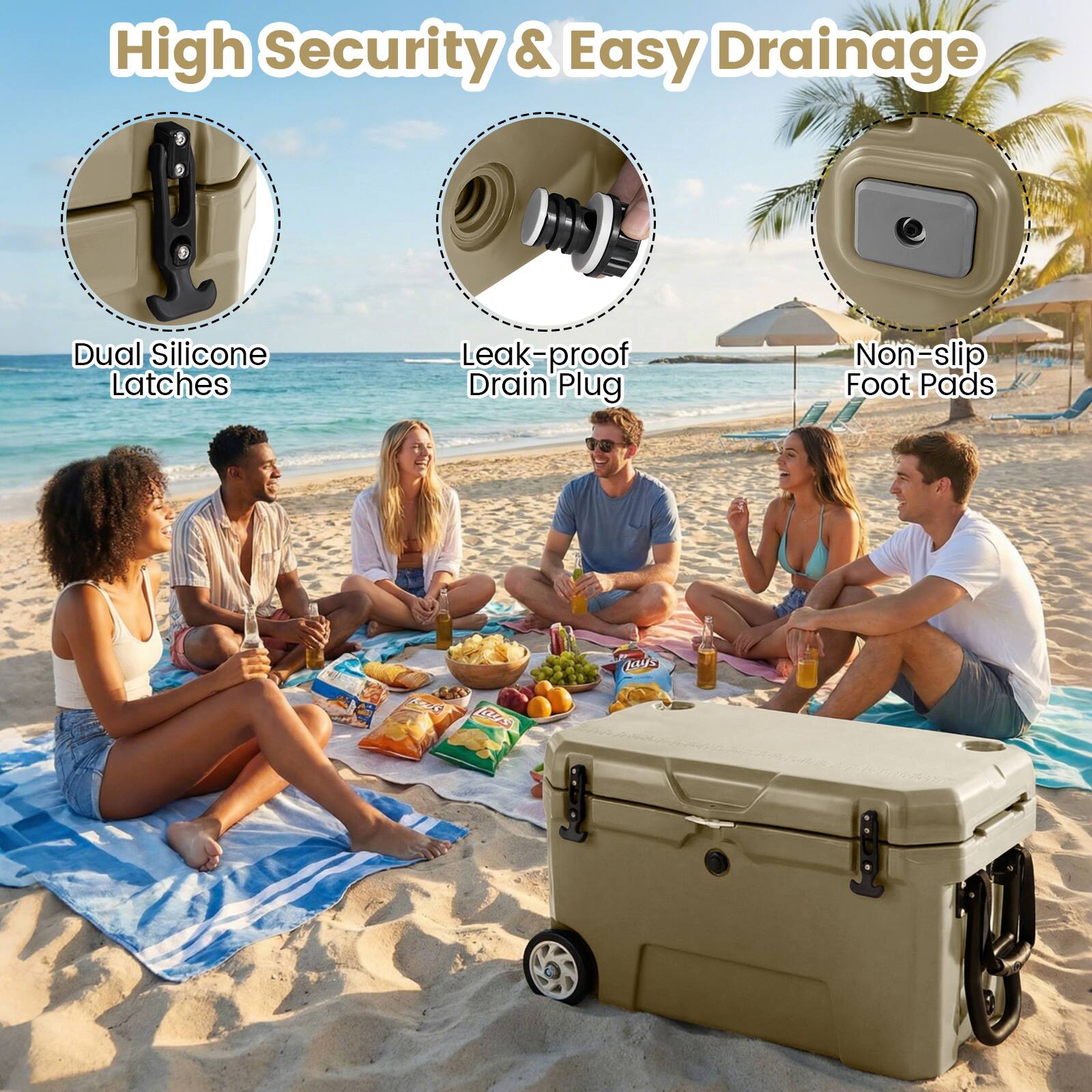 High Security & Easy Drainage  
Dual Silicone Latches  
Leak-proof Drain Plug  
Non-slip Foot Pads