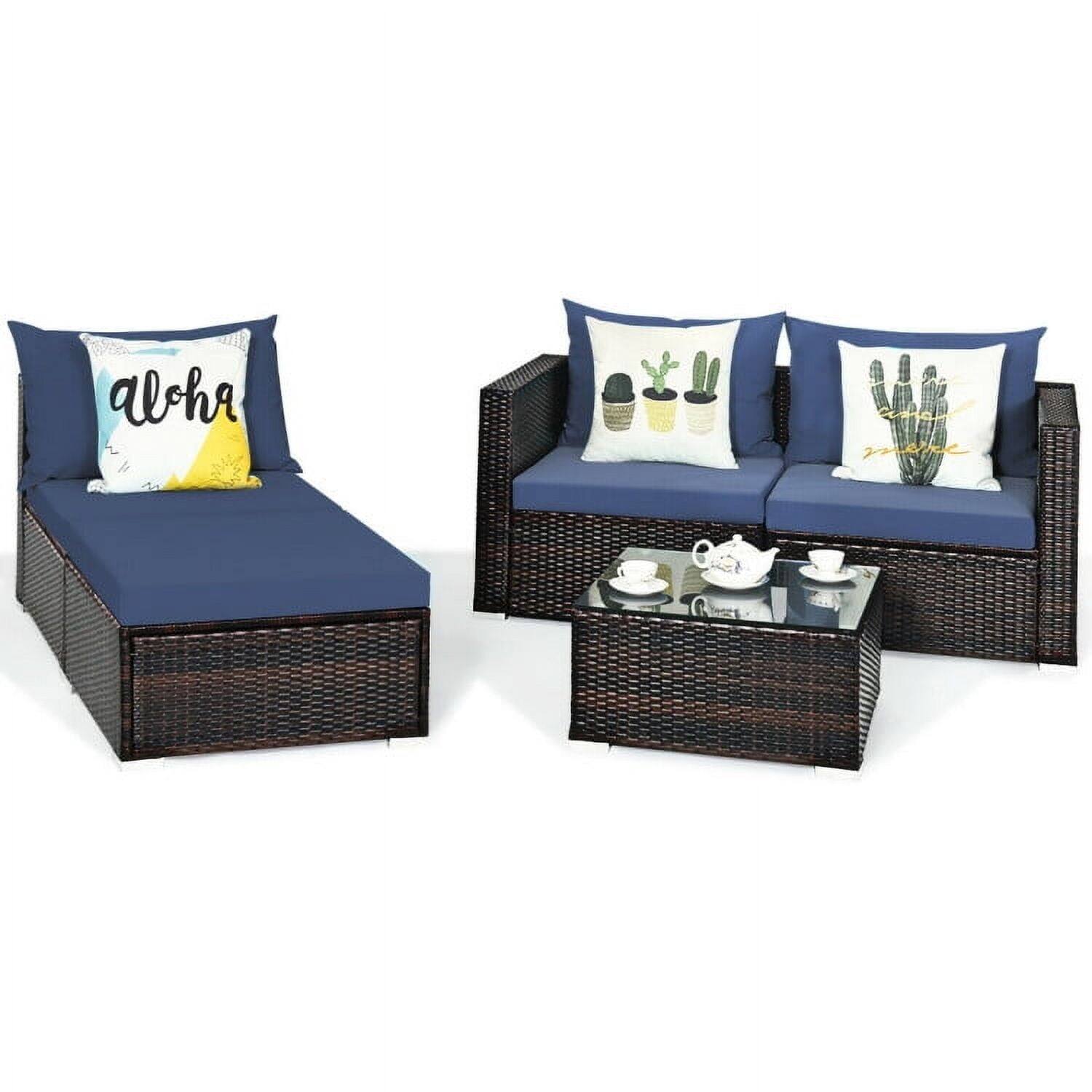 Alt View 4. Pefilos - 5 Pieces Patio Rattan Sectional Furniture Set with Cushions and Coffee Table -Navy, Wicker Furniture Conversation - Blue.